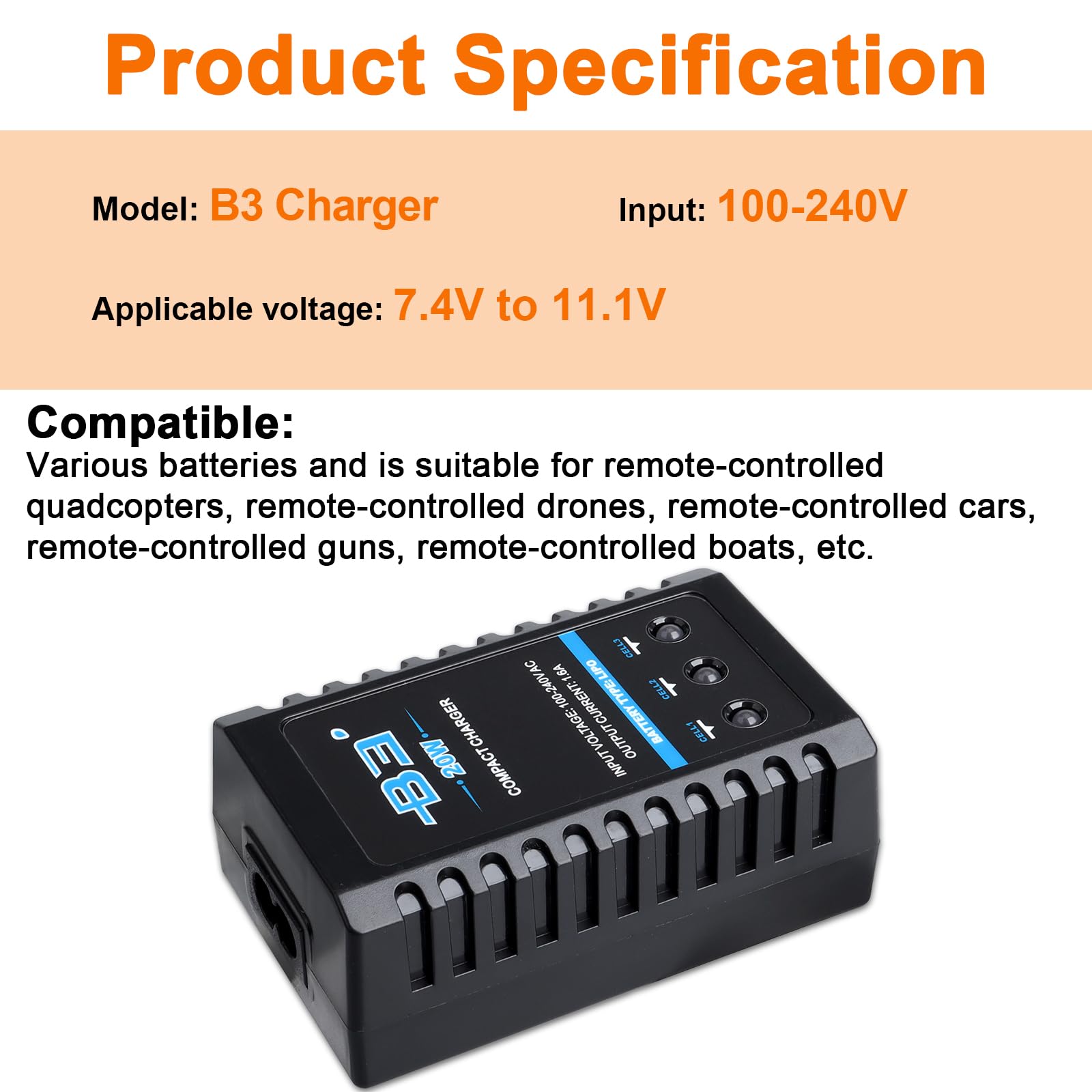 Cargador de Batería Lipo B3, Recarga Rápida RC Balance (110-240 V) para Baterías 2S y 3S (7,4 V, 11,1 V), Cargador Compacto de Batería Airsoft para Dron RC Quadcopter, Coche, Barco