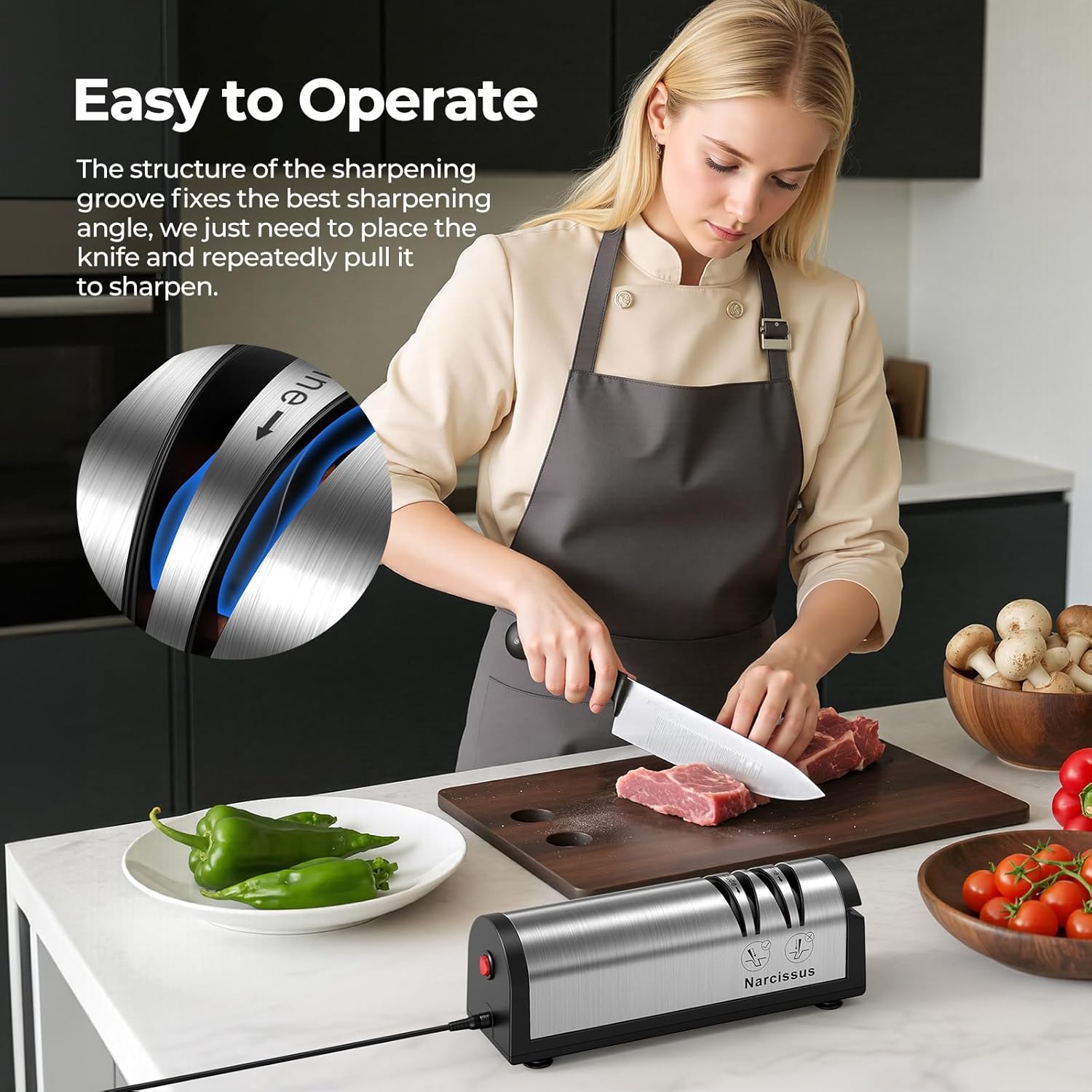 A pair of scissors being sharpened in the dedicated slot of the electric knife sharpener.