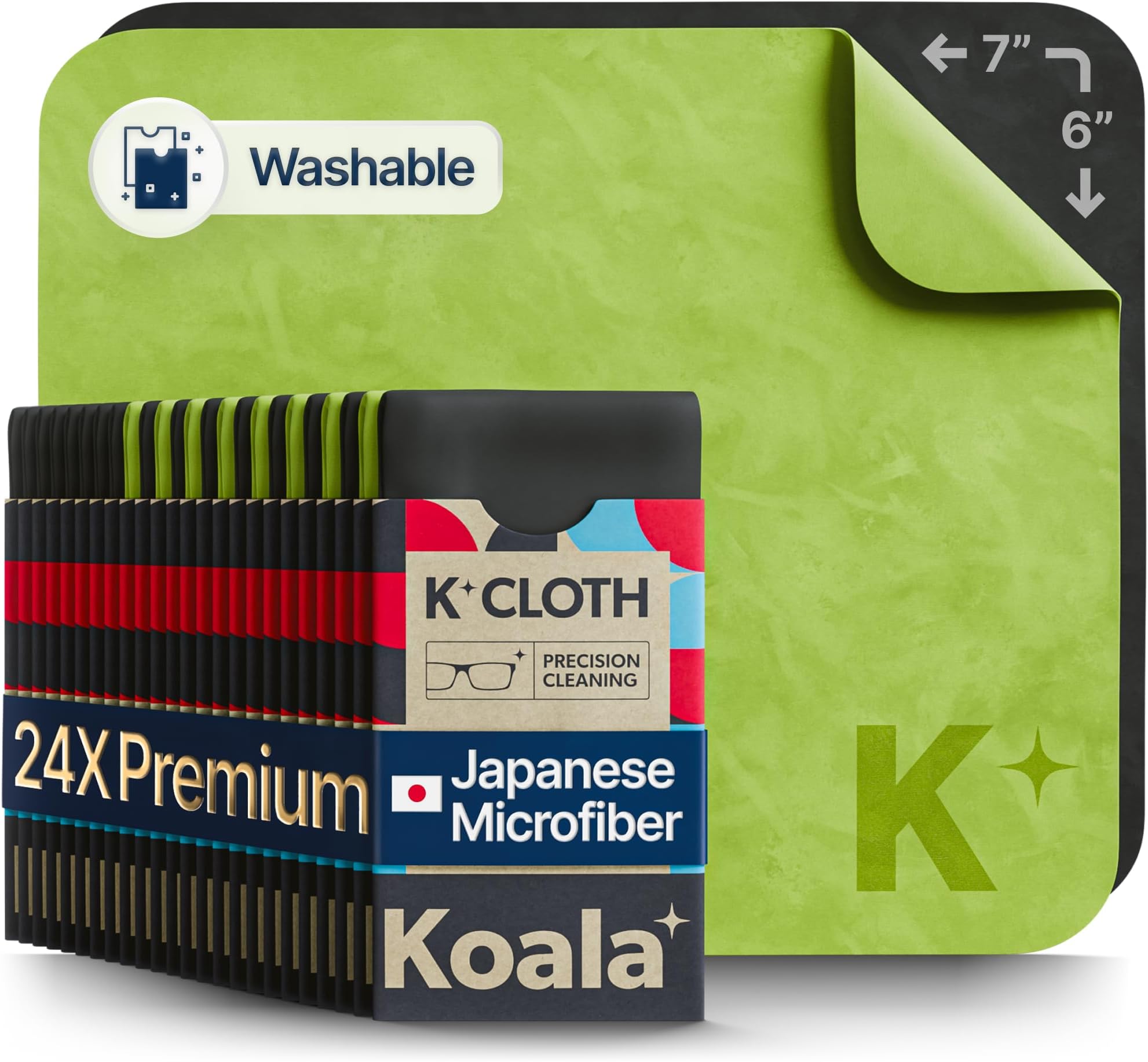 Koala Lens Cleaning Cloth | Japanese Microfiber | Glasses Cleaning Cloths | Eyeglass Lens Cleaner | Eyeglasses, Camera, VR/AR Headset, and Screen Cleaner | Black & Green (Pack of 24)