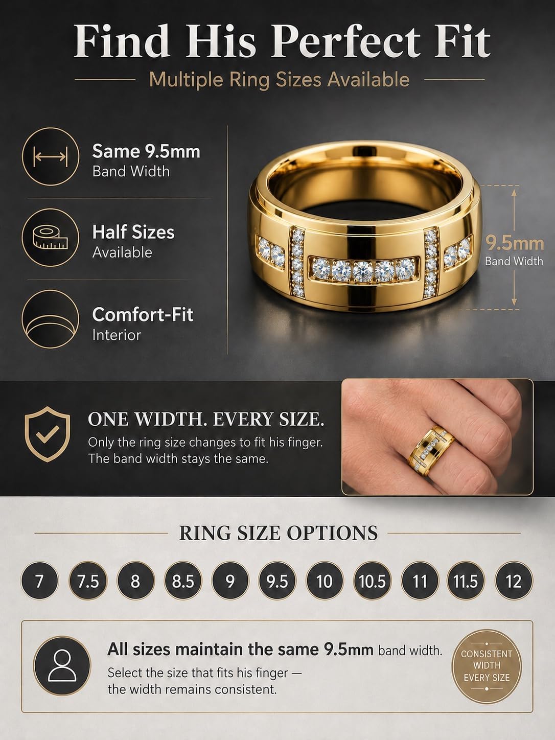 Lightweight ASTM F136 Titanium Mens Wedding Band Moissanite Ring, VVS1.D Color 0.4CTW Mens Engagement Ring, Comfort Fit 14K Gold Plated/Silver Rings for Men Anniversary Promise Ring, US SIze 7-12, Titanium/14K Gold Plated Color