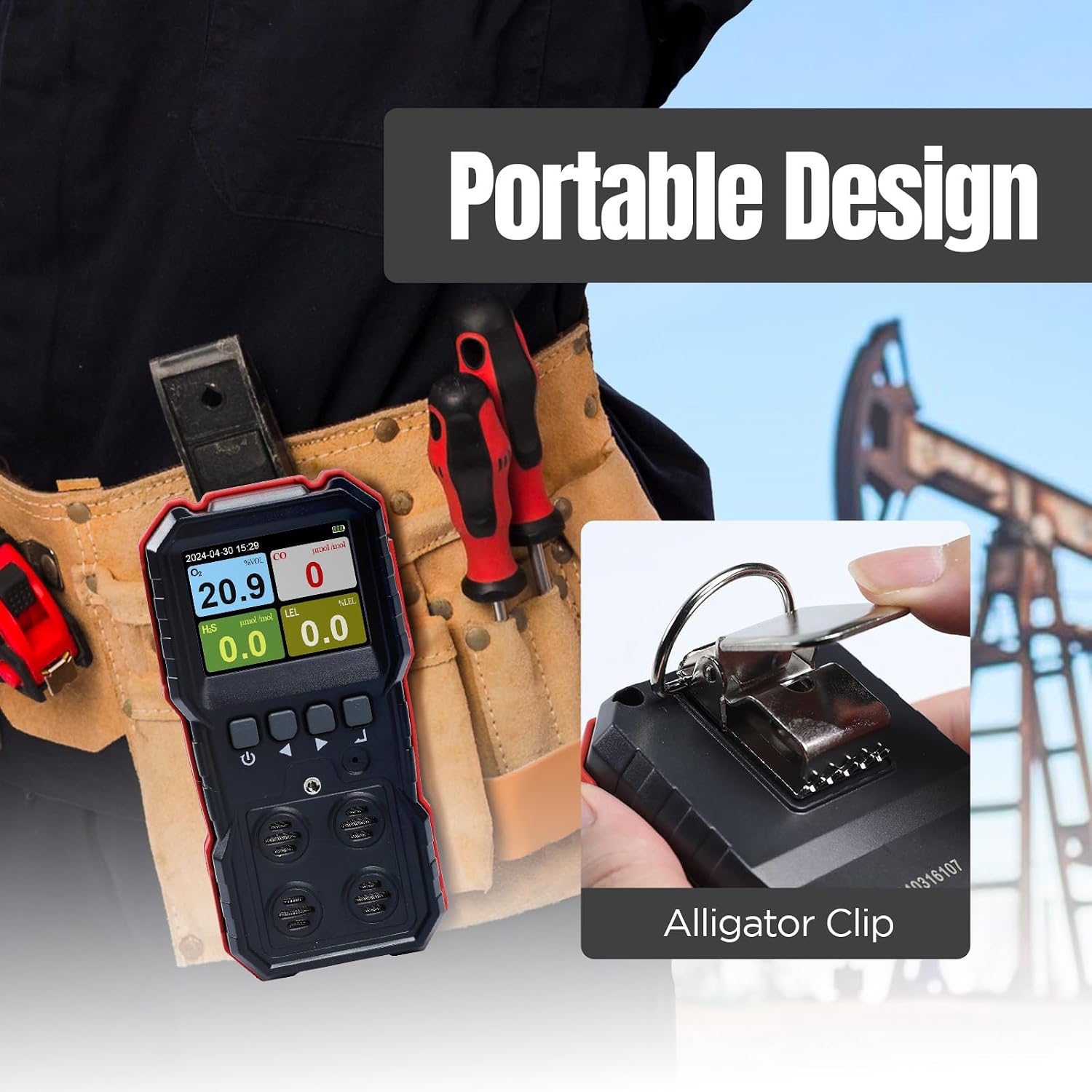 Gas Detector, 4 in 1 Gas Monitor(H2S,O2,CO,LEL), Multi Gas Instant Alerts Detector with Vibration, Audible, Visual, Recchargeable LCD H2S Monitor Clip On
