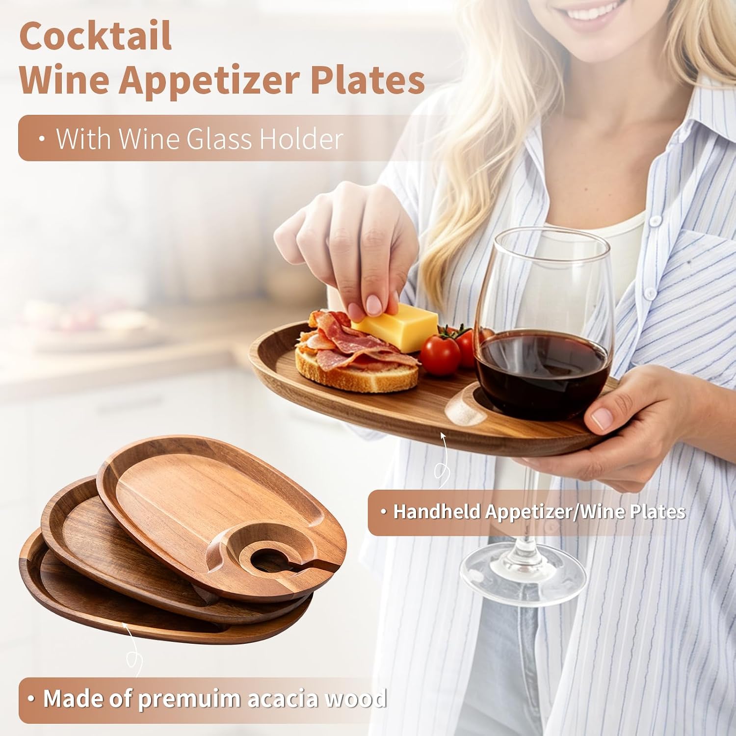 GinSent Wood Appetizer Plates With Wine Glass Holder,Set of 4
