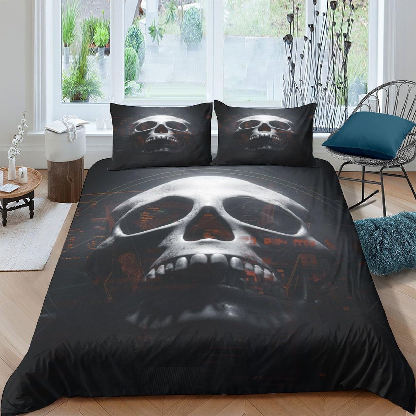 Ensemble de lit microfibre double 200x200cm gris avec motif squelette 3 pièces