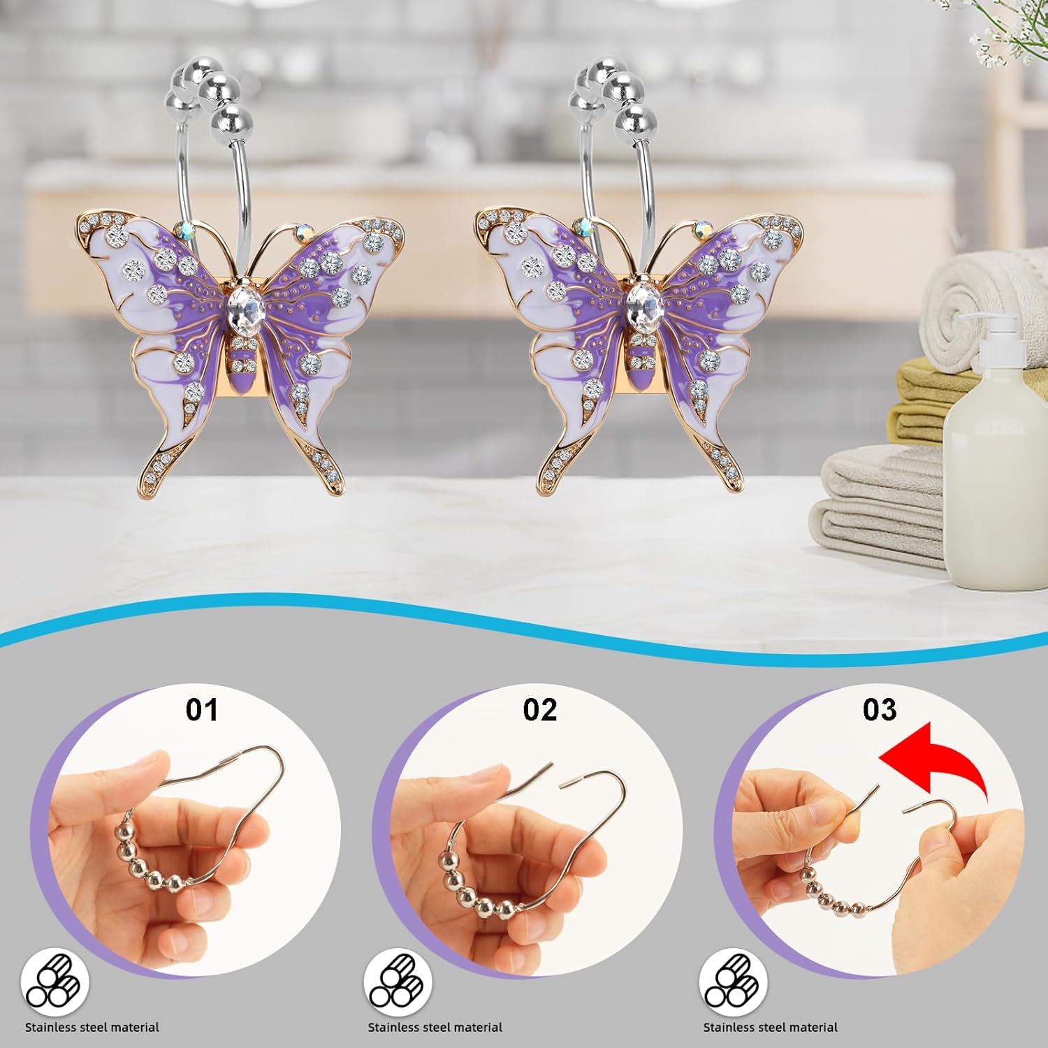 Purple Butterflies Decorative Shower Curtain Hooks and Rings Set,12 Pieces,Roller Ball, Stainless Steel,Insect Decor,Large Gourd Shaped Hooks,Rustproof,Home Living & Bathroom Decor,Gift