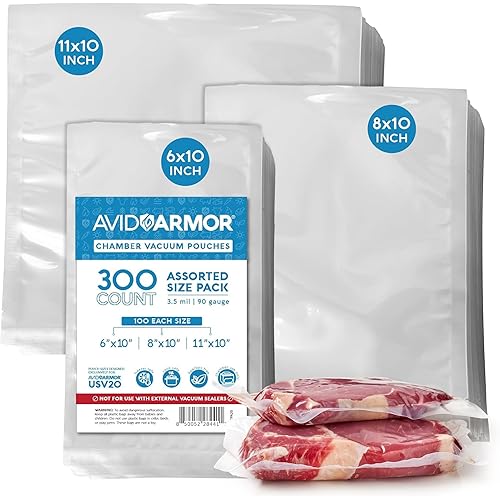 Avid Armor – Chamber Machine Pouches 3.5mil, Pre-Cut Chamber Vacuum Sealer Bags, Heavy Duty Seal Pouch, BPA-Free Chamber Sealer, Assorted Size Pack, 6"x10", 8"x10", 11"x10" - Pack of 300