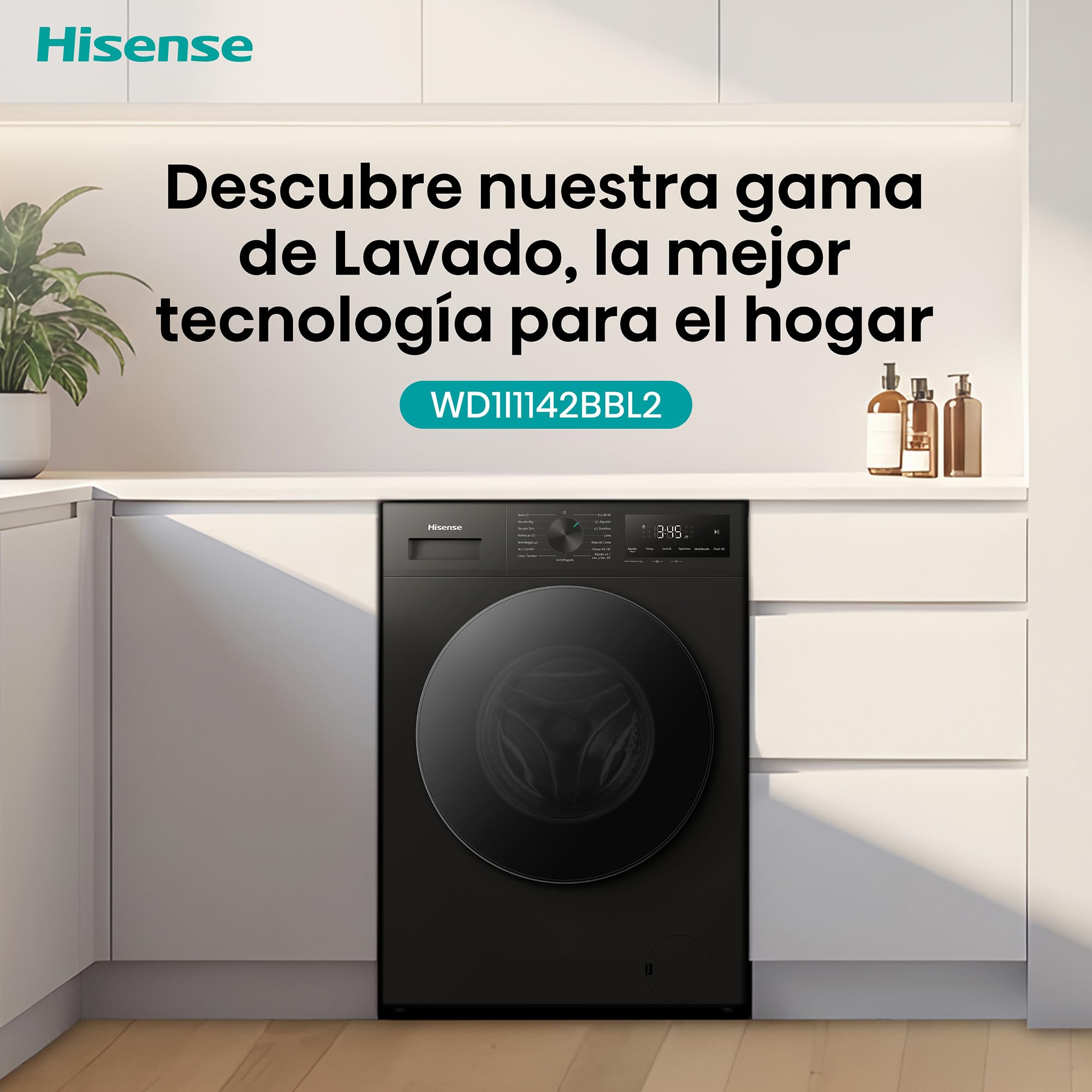 Hisense WD1I1142BBL2 - Lavasecadora 11 kg/7 kg, Fondo 59cm, 1400 rpm, Lavado y Secado 59', Dispensador Automix, Programa Lavado Auto, Función Antiarrugas, iFit™ Fondo Optimizado, Negro