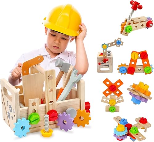 COOMOE Juego de caja de herramientas de madera para niños de 3 4 5 años juego de herramientas de madera para niños de 3 a 5 años juguetes educativos