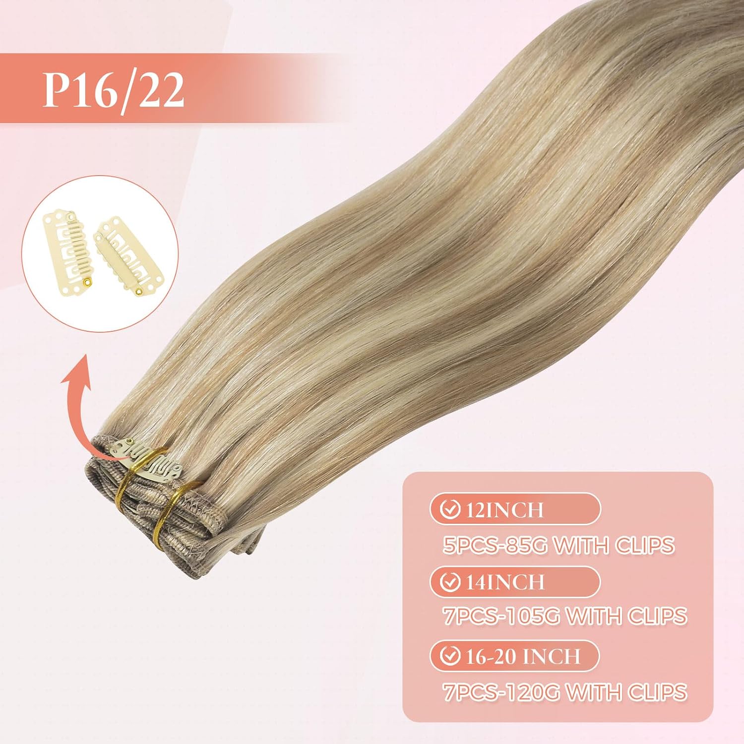 Clip In Human Hair Extensions Highlight Long 20 Inch Remy Human Hair Clip In Extensions Light Blonde Highlighted Golden Blonde Straight Double Weft for Daily Use 120g 7pcs