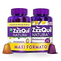 ZzzQuil Natura, MELATONINA per DORMIRE, INTEGRATORE con MELATONINA pura ed Estratti di Valeriana, Camomilla e Lavanda, MAXI FORMATO 2×72 Pastiglie Gommose, Gusto MISTO, FRUTTI DI BOSCO e MANGO BANANA