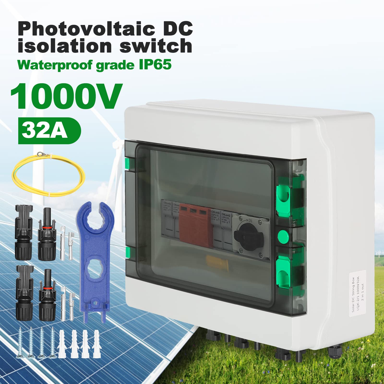 Jadeshay Scatola Combinatrice Fotovoltaica,2 Stringhe Solar PV Combiner Box DC1000V con 2P 32A Interruttore Automatico 40KA Protezione Contro Le Sovratensioni 15A Fusibili per Sistema Solare