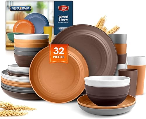 Vista 13 de Teivio Juego de vajilla de paja de trigo de plástico de 32 piezas, servicio para 8, platos llanos, platos de postre, cuencos para cereales, vasos