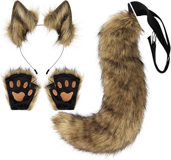 Cat Role Play Tail Ears Headband Glove Set, Fox Ears Hairband Halloween Party Role Play Props Christmas Beast Accessories