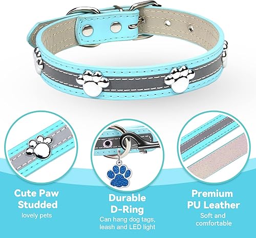 Miniatura 4 de Collar reflectante para perro con lindo remache de pata tachonado, divertido collar ajustable de piel sintética suave para cachorros pequeños,