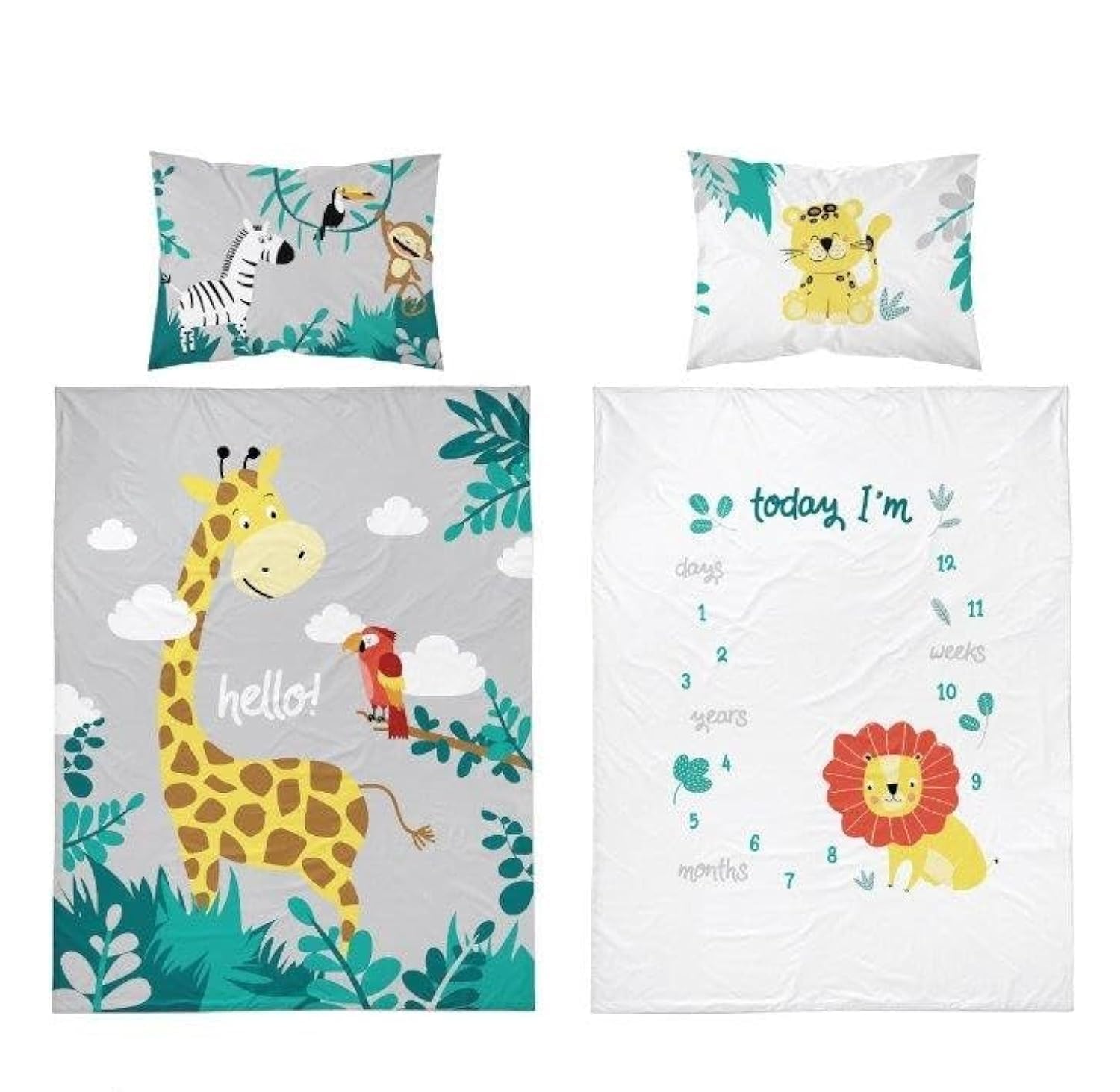 Reversible Bedding Set Lion Safari Zoo Animals ColourfulBedding for Baby Boy Cot Bed Duvet Cover & Pillow Case