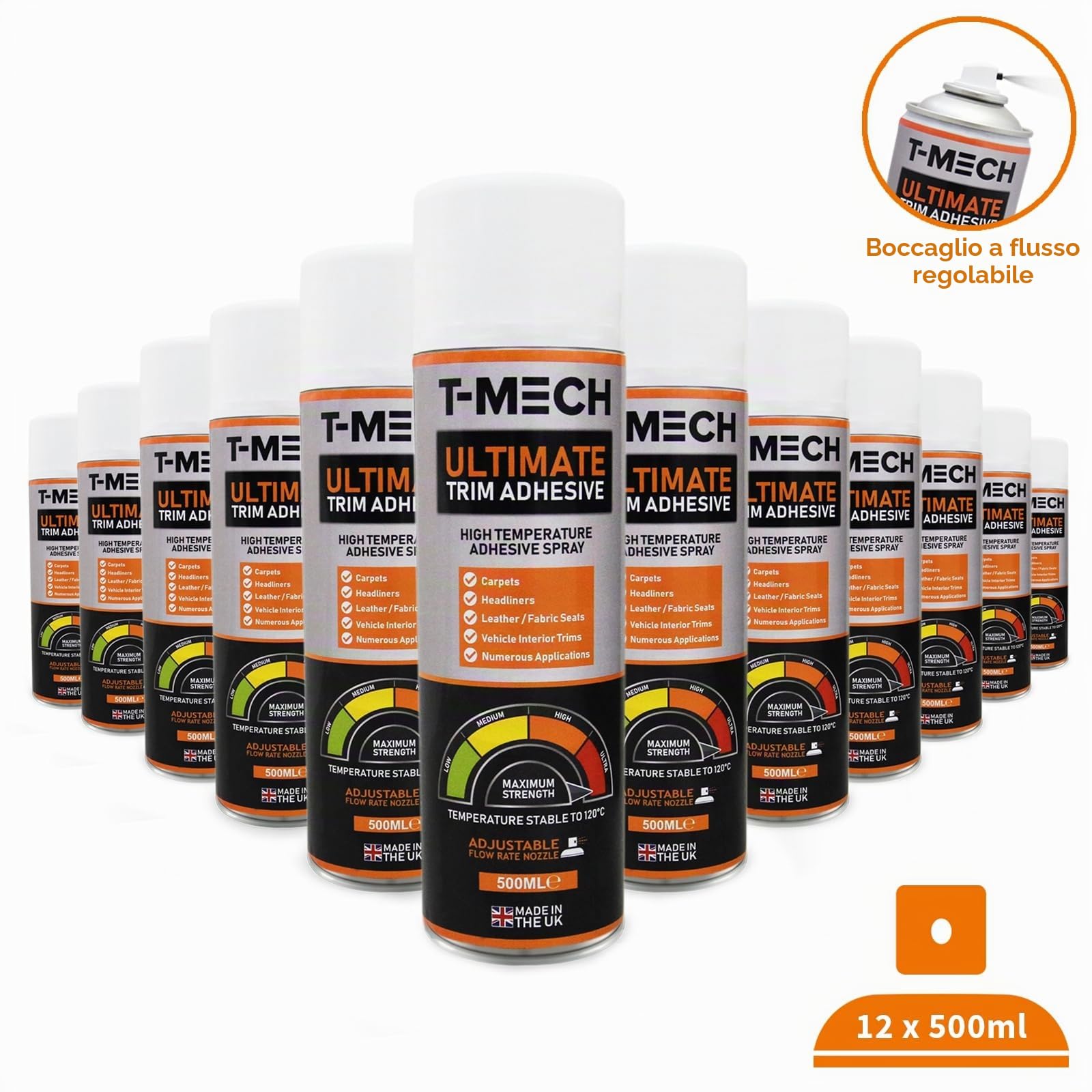 T-Mech - 12 x Adesivo Colla Spray Multiuso per Industria Automobilistica Tappetti Tappezzerie Moquette Tessuti Resistente al Calore 120 ° C 12 x Bombolette da 500ml