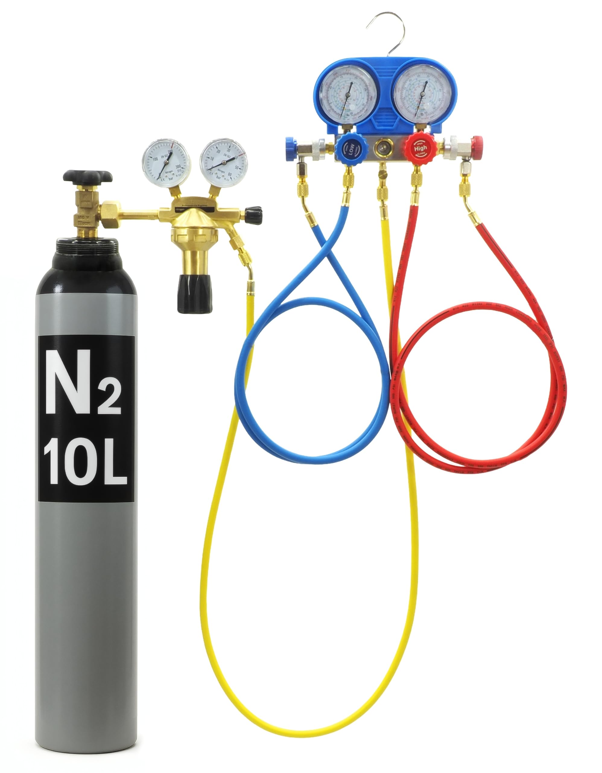 Druckverlustprüfer KFZ - Kühlsystem Abdrückgerät mit Manometer Druckluft Set - Schutzgasflasche 8L/10L Stickstoff für Klimaanlage R134A R410A R22 - Manometer 1/4 Zoll (2.N2-10L | GCE-TYP)