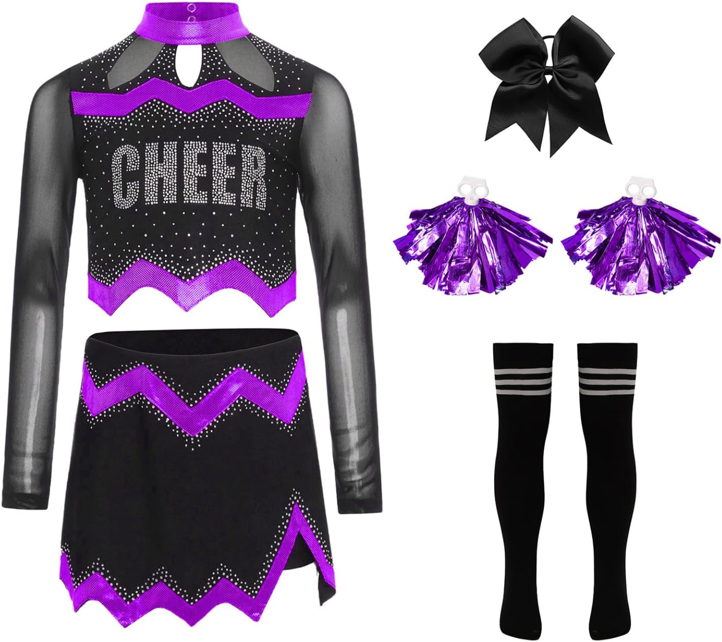 School Cheer Leader Uniform for Girls 5 Piece Set Long Sleeve Crop Top with Pleated Skirt