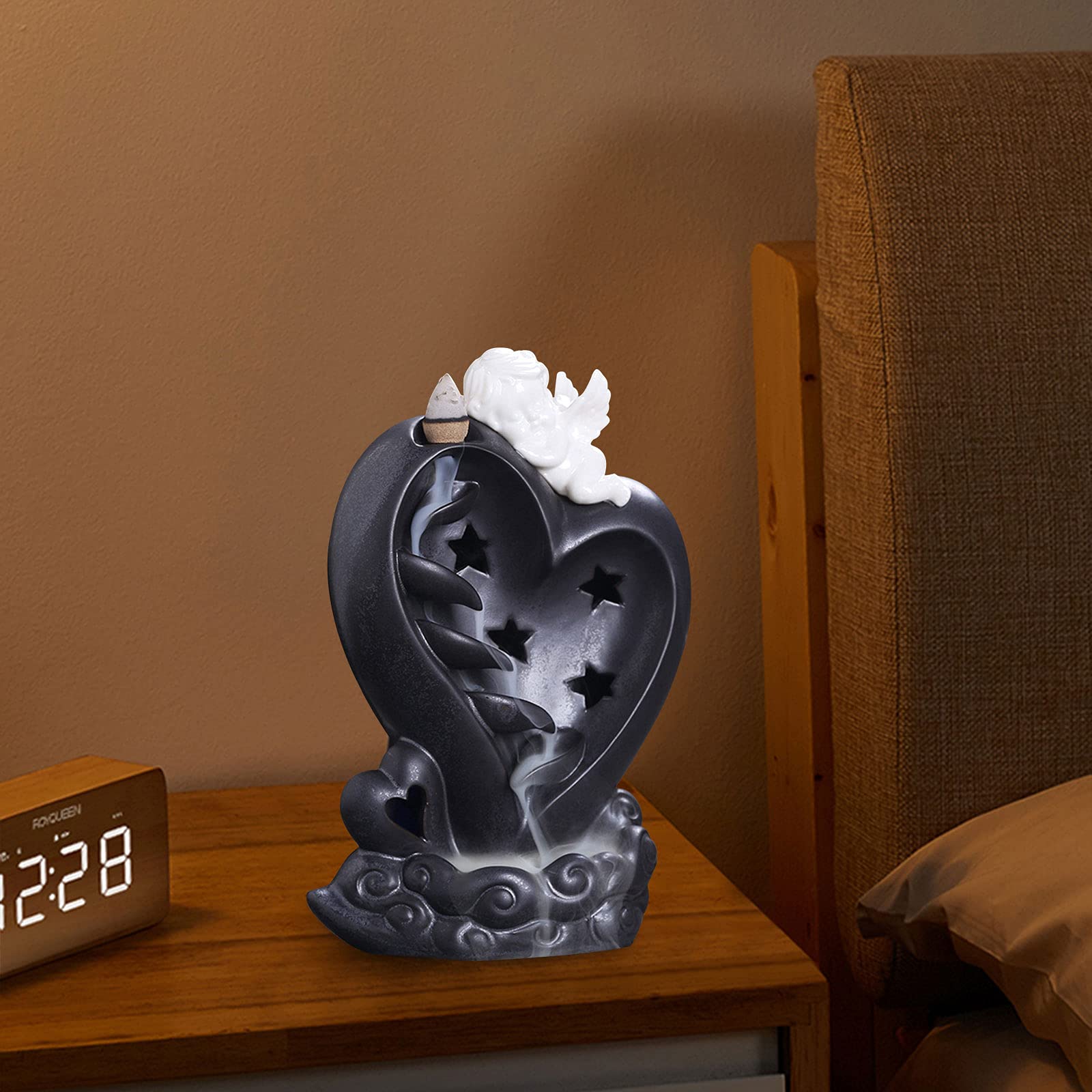 Quemador de incienso de reflujo, incienso de cerámica de ángel con LED, fuente de cascada para conos y palos, aromaterapia, decoración del hogar, regalo de meditación, incienso no incluido