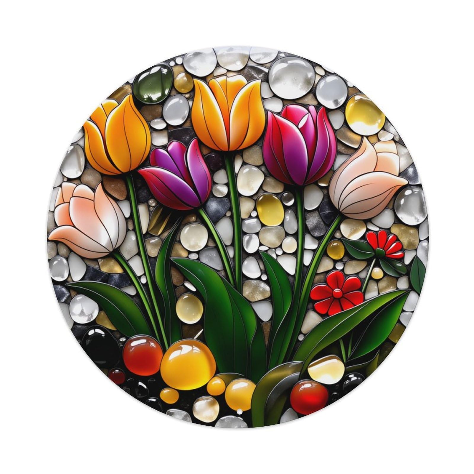 Tulip Garden Mosaic Art Design Round Tin Sign Vintage Metal Poster Retro Bar, Home, Man Cave, Kitchen, Laundry Room Wall Art Decor Gift 8x8Inch