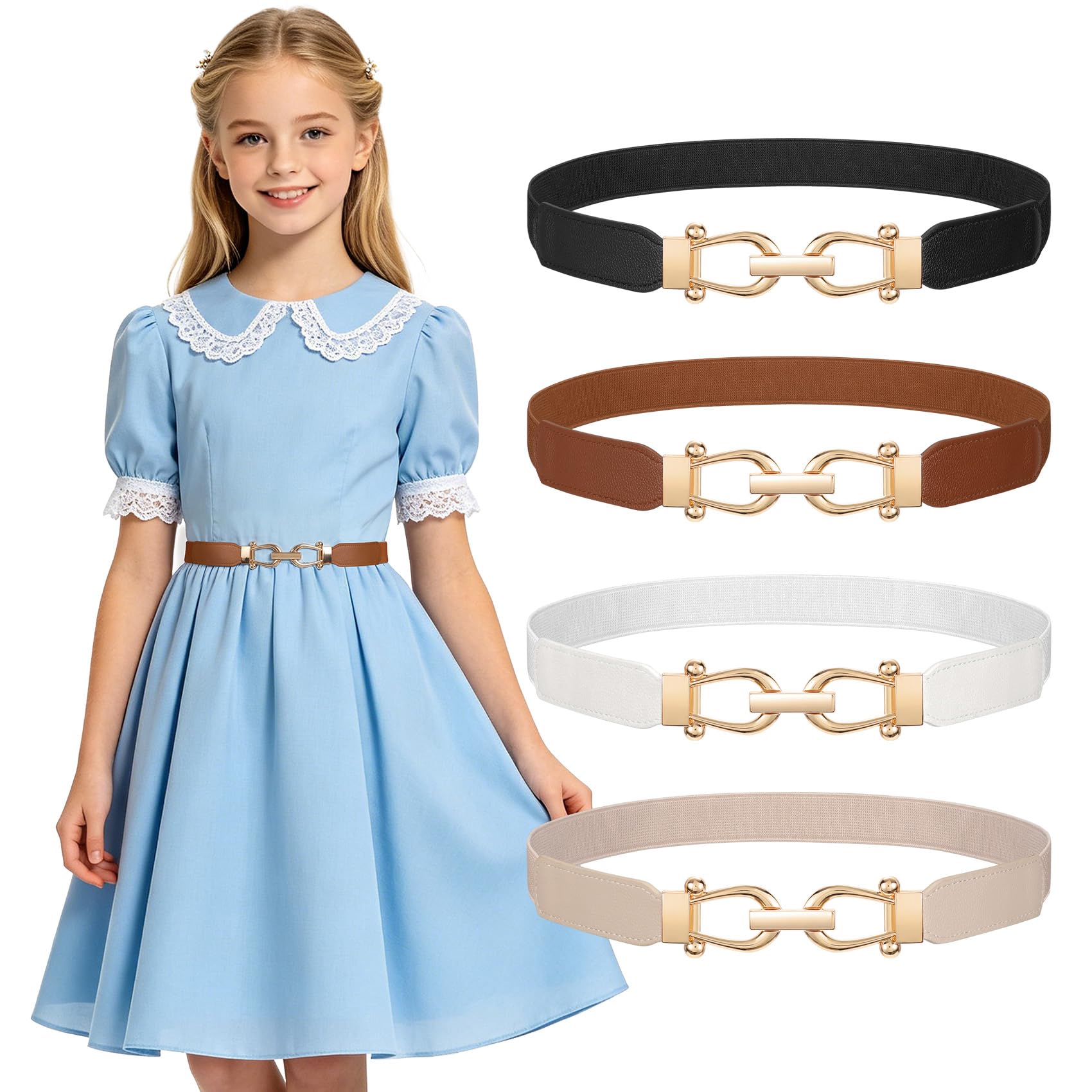 JASGOOD 4 Pack Elastic Kids Belts for Girls Stretchy Thin Toddler Waist Belts for Dresses Jeans School Uniform Casual
