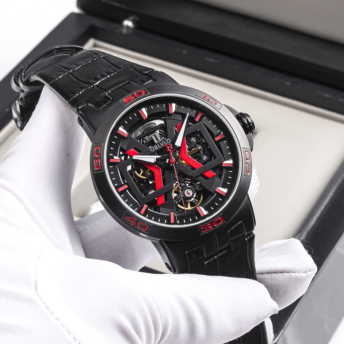 OBLVLO Stahl Automatikuhren mit Skeleton Zifferblatt Lederband Big Watch UM