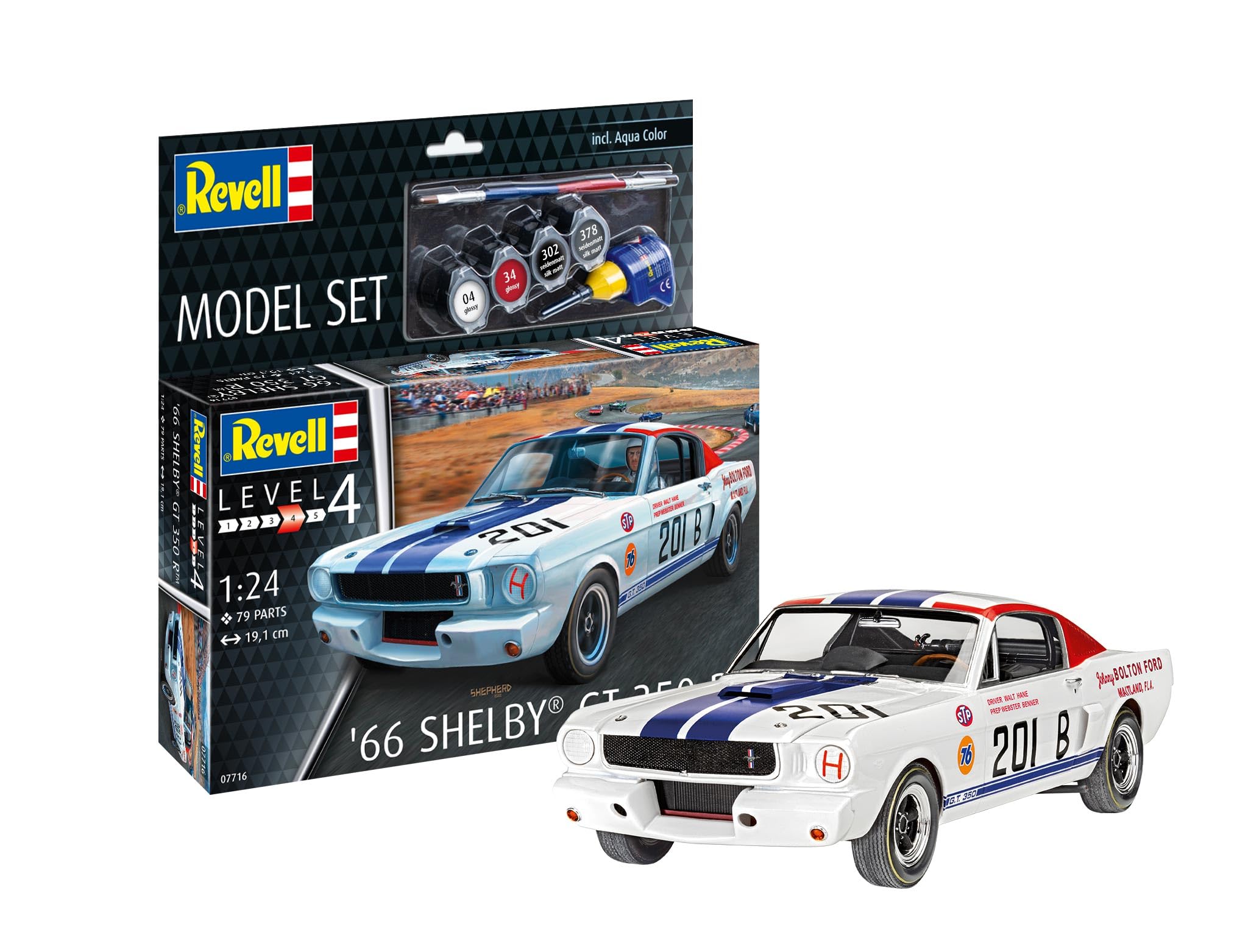 Revell 67716 Model Set 1965 Shelby GT 350 R 1:24 Scale Unbuilt/Unpainted Plastic Model Kit with Contacta Professional Glue, Paintbrush & Selected Aqua