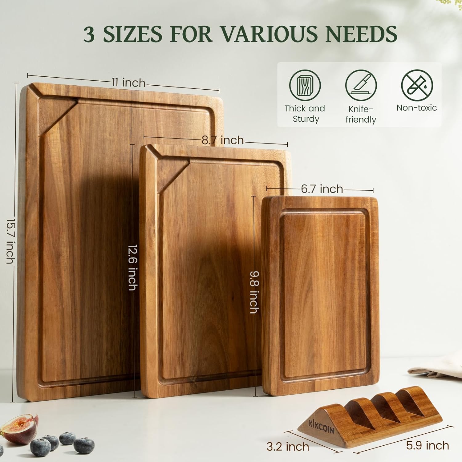 Kikcoin Wood Cutting Boards for Kitchen, 3 PCS Wooden Cutting Board Set with Holder, Chopping Board with Built-In Compartments and Juice Groove, Solid Charcuterie Board Serving Tray Wood Butcher Block - Image 2