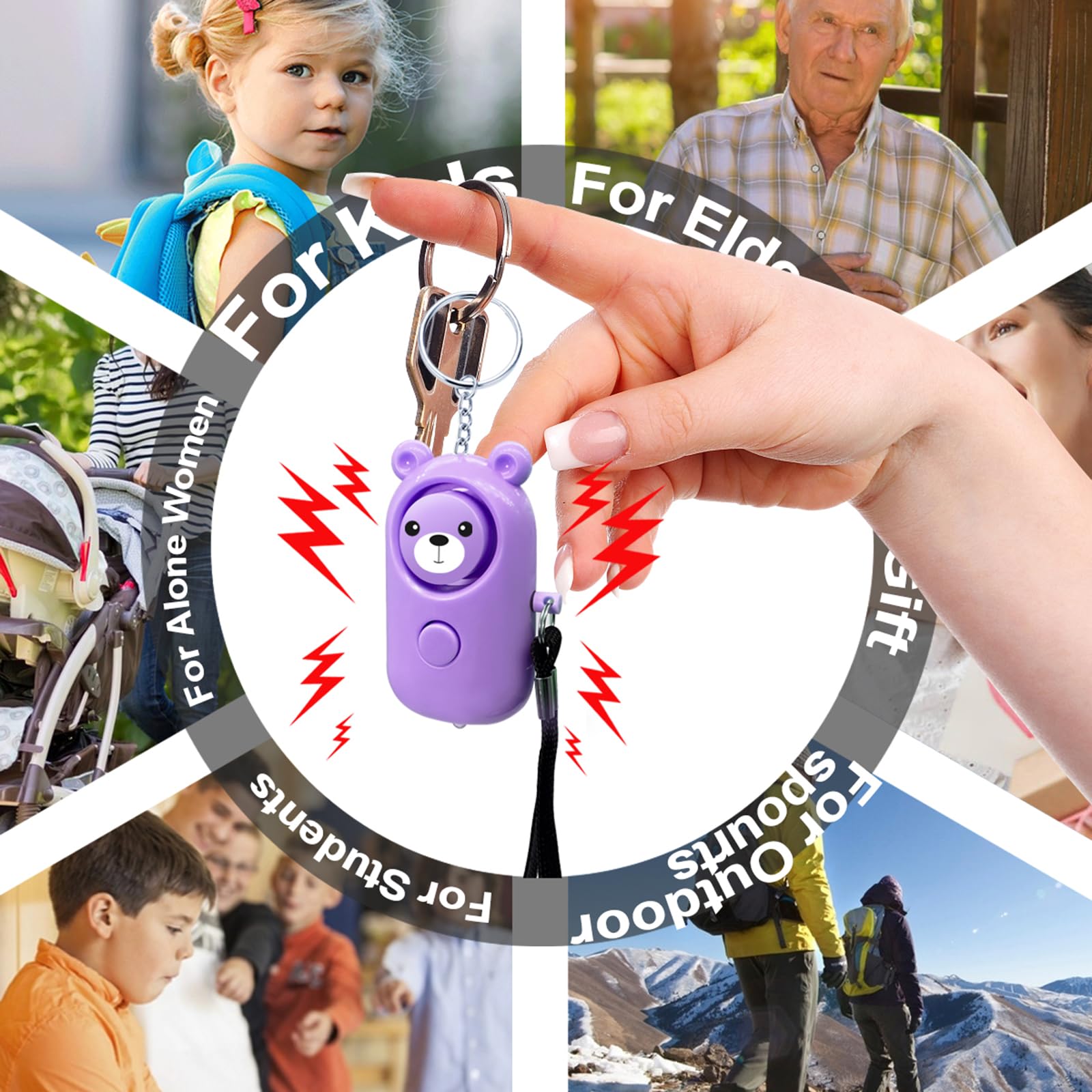 Portachiavi con allarme personale, 130 dB, autodifesa, per donne, ragazze, bambini, anziani, multifunzione, con luce LED, simpatica sirena portatile di sicurezza (viola)