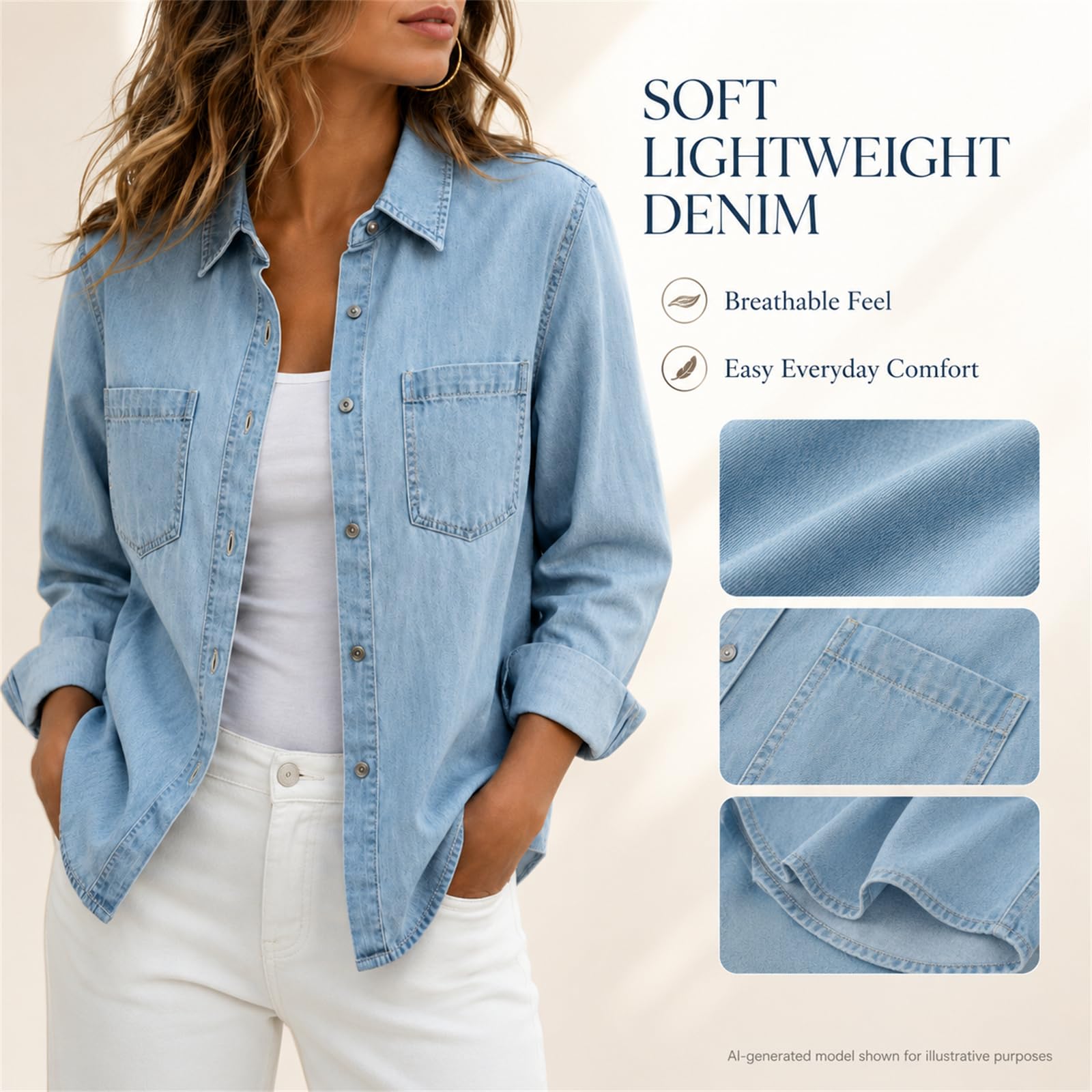 Camicia da donna in denim con bottoni, a maniche lunghe, leggera, in | Morbido tessuto denim leggero con vestibilità comoda e design con bottoni e tasche funzionali sul petto