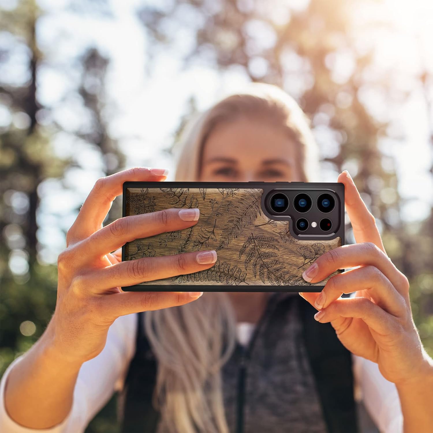 Carveit Wood Case for Galaxy S23 Ultra Case [Natural Wood & Black Soft TPU] Shockproof Protective Cover Unique Wooden Design Compatible with Samsung S23 Ultra (Fern Leaves & Herbs-Walnut)