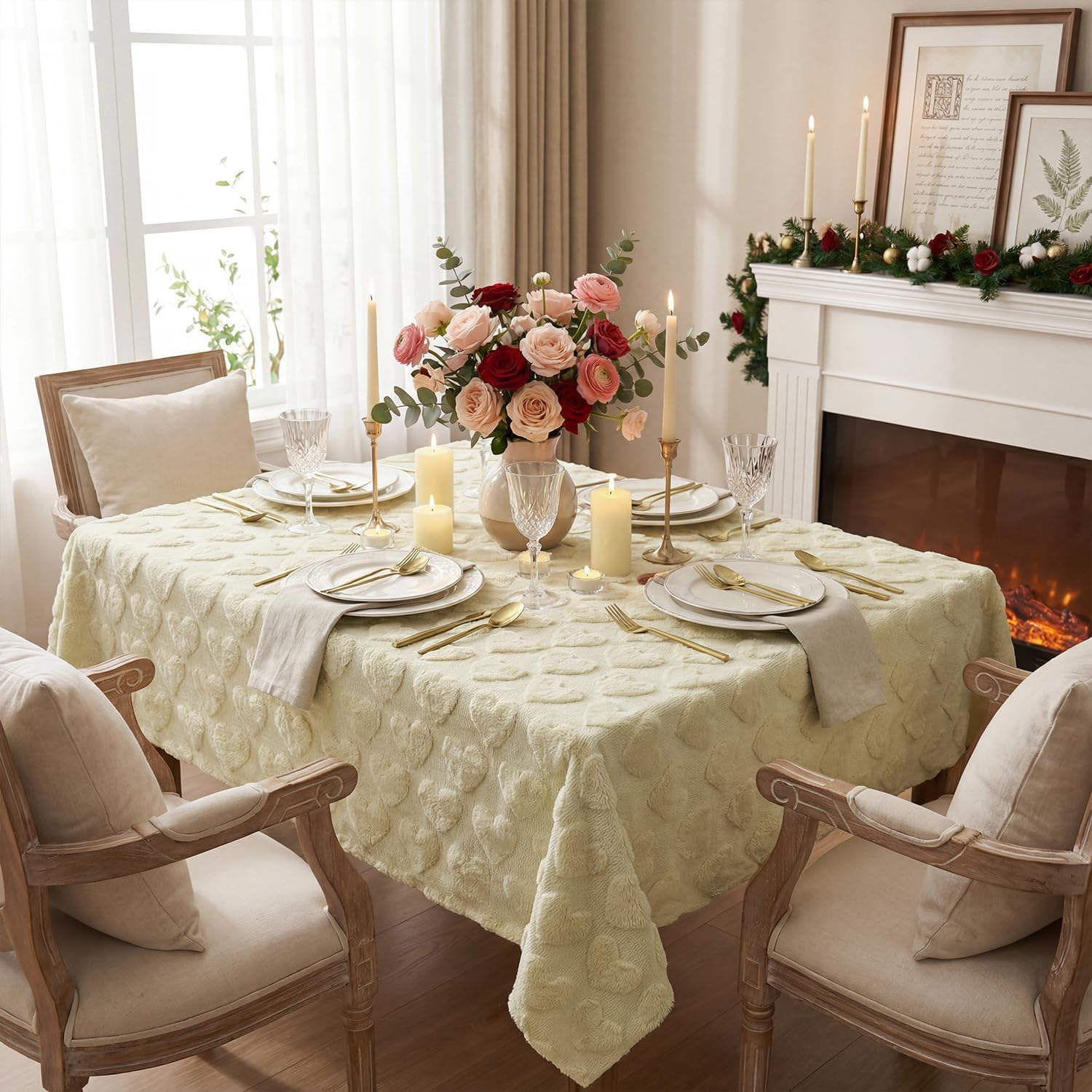 Horaldaily Valentine's Day Tablecloth 52×70 Inch Rectangular, Beige Soft Plush Faux Fur Love Heart Table Cover, Seasonal Dining Table Decoration for Wedding Anniversary