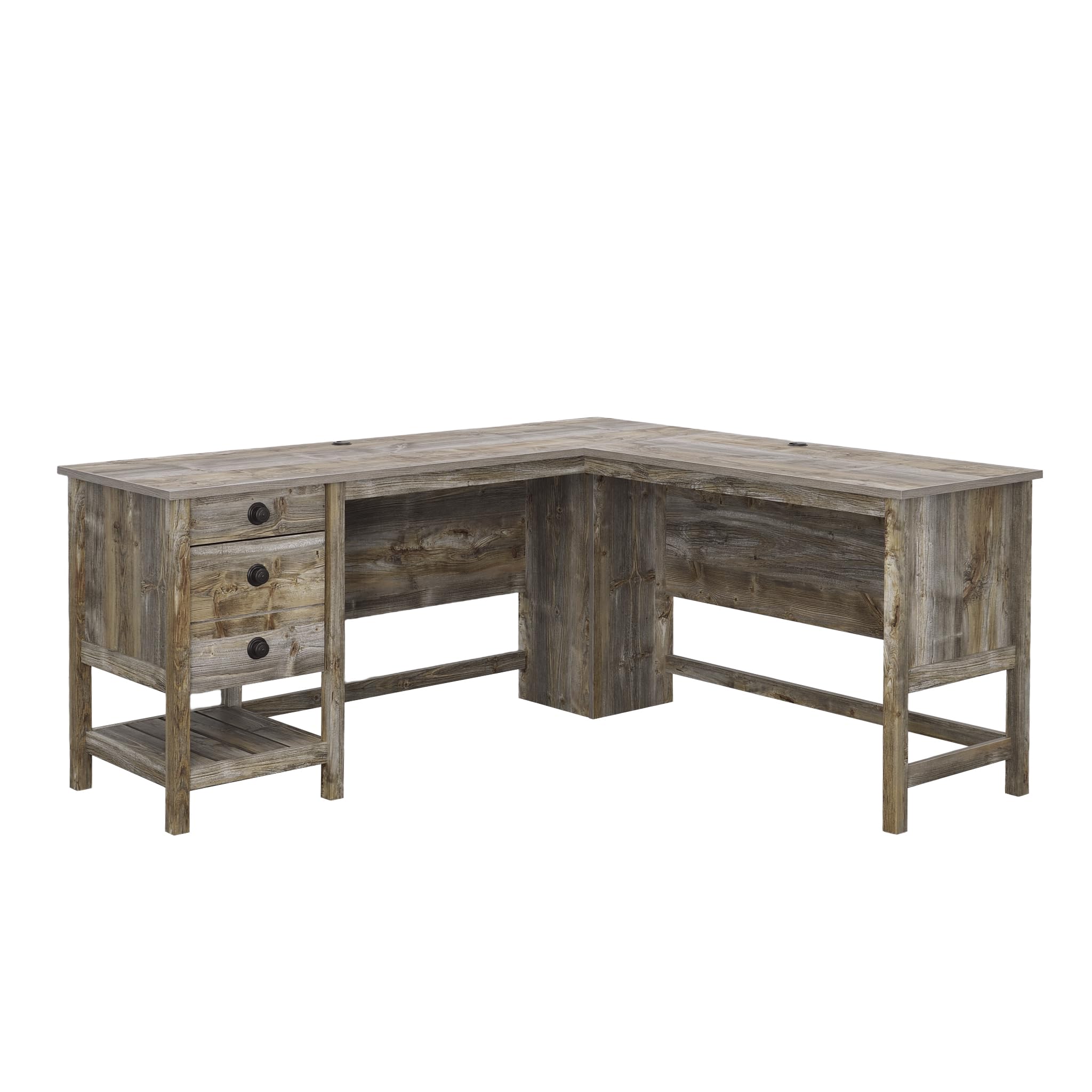 sauder cottage road l shaped desk computer desk with drawers, home office desk with optional file cabinet storage, cable management, in rustic cedar finish