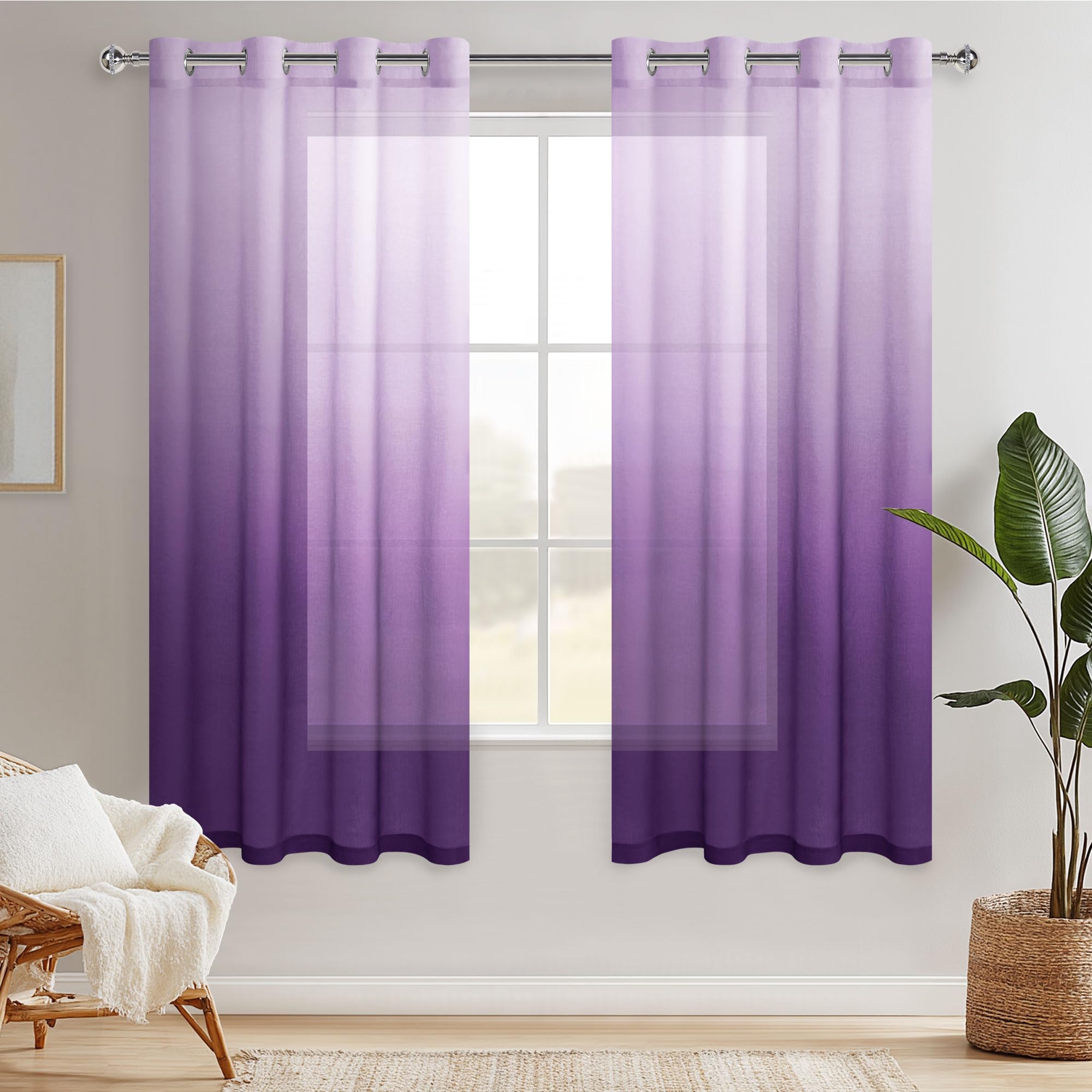 Hiasan Sheer - Tenda decorativa con occhielli, in voile, per camera da letto e soggiorno, 175 cm x 140 cm (A x L), set da 2 pezzi, colore: Bianco/Viola