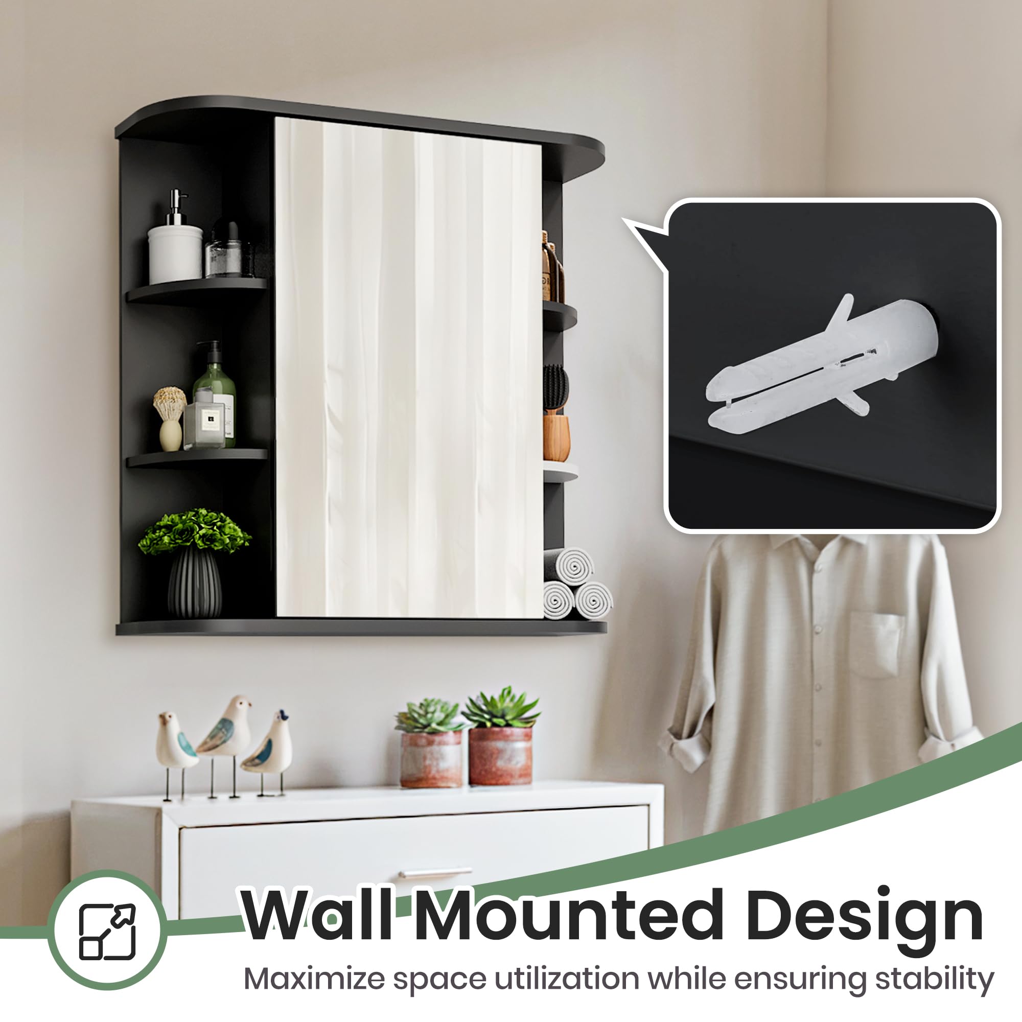 Pamapic Armario con espejo de baño, armario de baño con espejo HD grande, armario de almacenamiento montado en la pared con estantes ajustables, unidad de almacenamiento para sala de estar, dormitorio