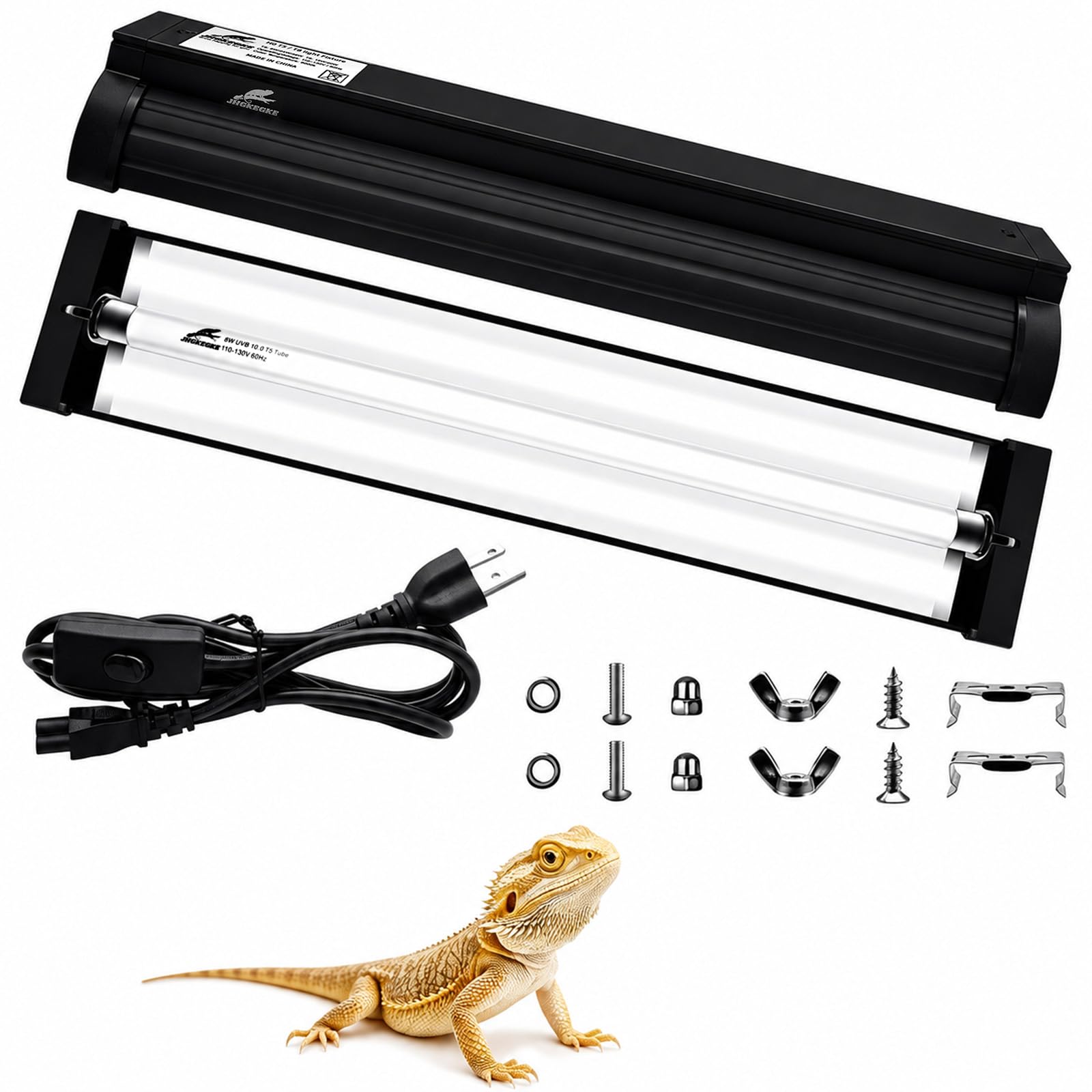 T5 10.0 UVB Reptile Light Fixture Combo Kit, 8 W ad alto rendimento UVA UVB luce con riflettore in lega più ampio aggiornato per draghi barbuti, lucertole tartarughe e rettili del deserto o