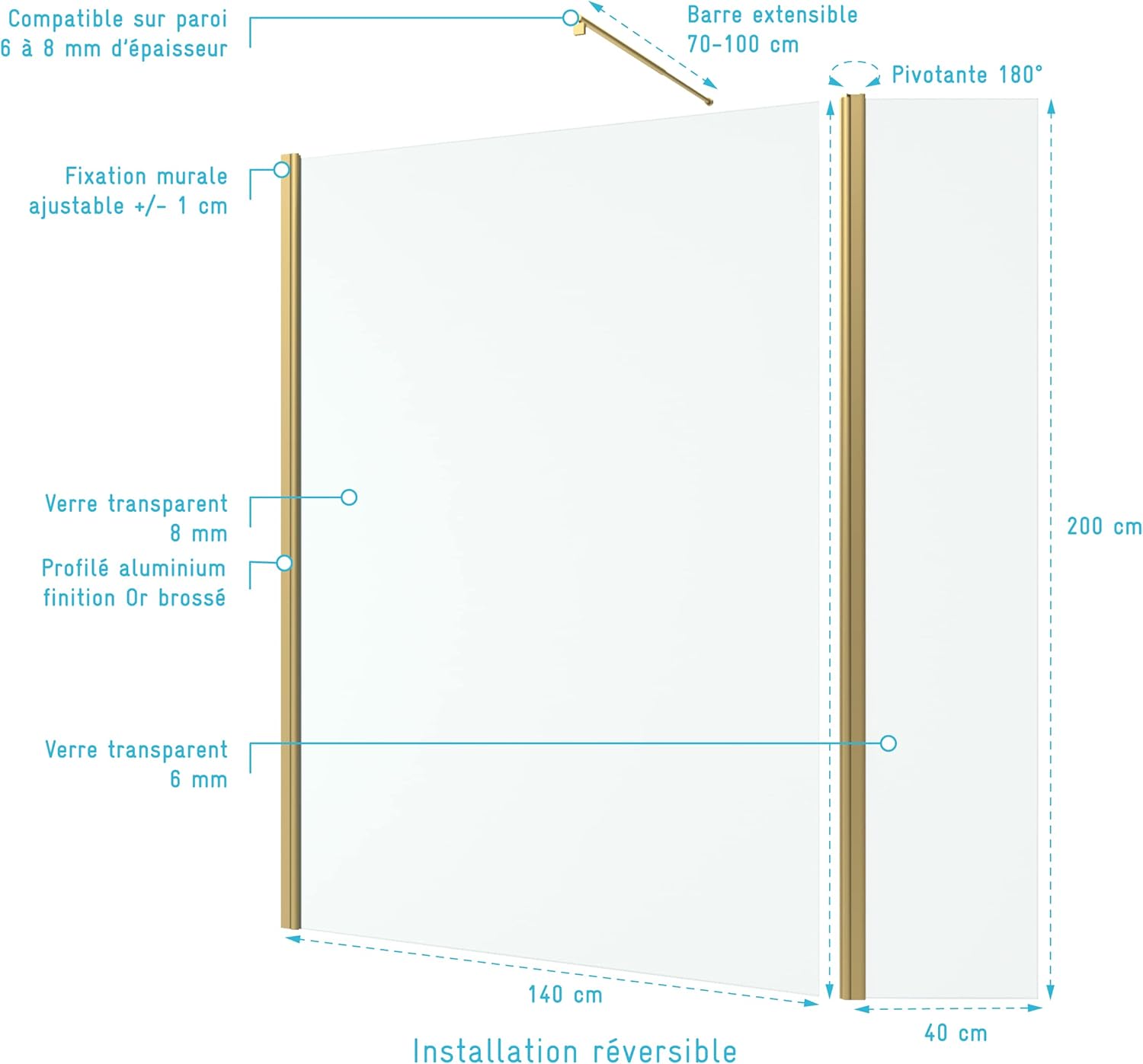 Technical diagram showing dimensions and features of the AURLANE shower enclosure, including fixed and pivoting panels, adjustable wall profile, and extensible support bar.