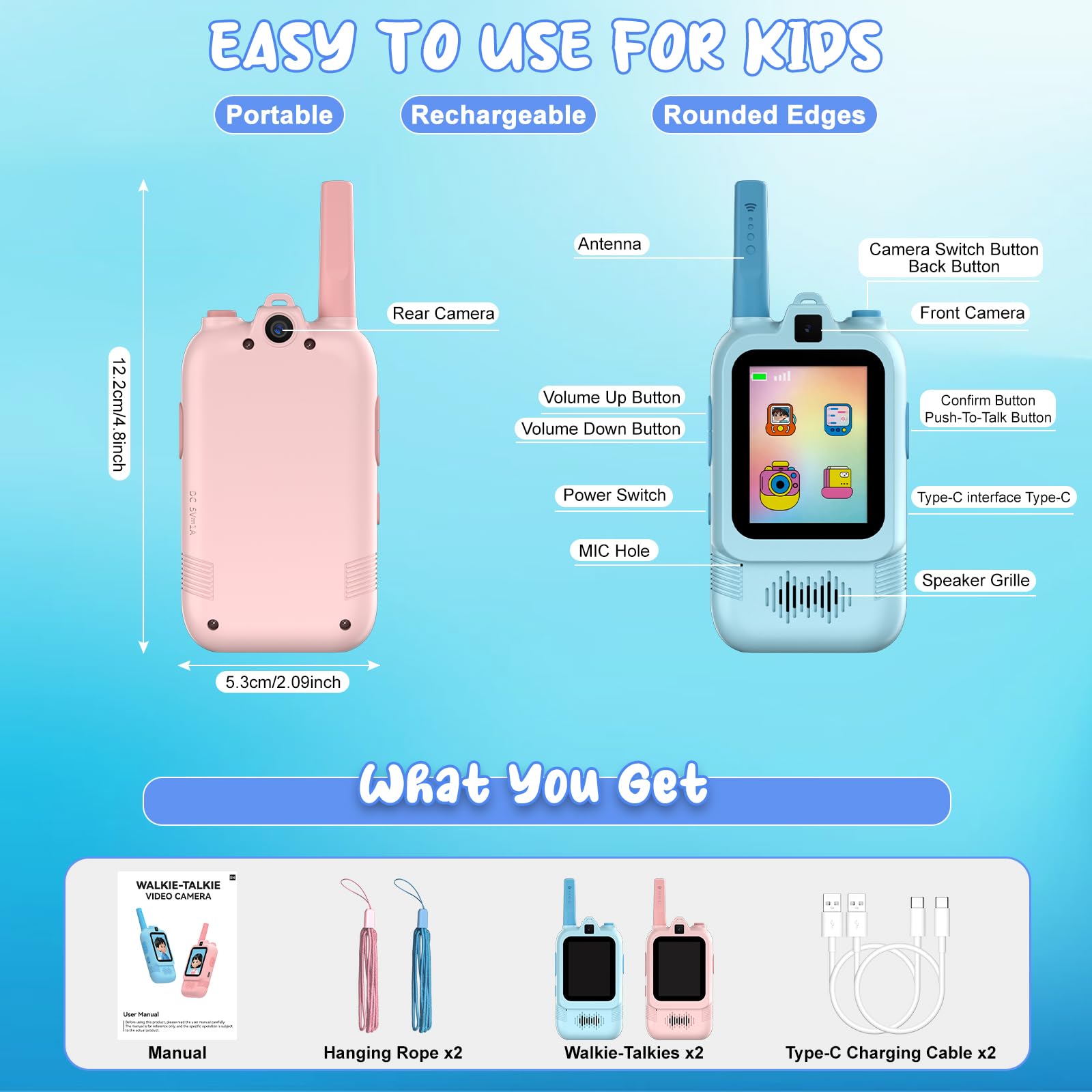 Walkie Talkies Videollamada para Niño con Cámara Doble(Paquete de 2), Walkie Talkies Recargable con Chat de Voz, Mensajería de Emojis, Regalo Ideal Cumpleaños para niños de 3 a 12 años