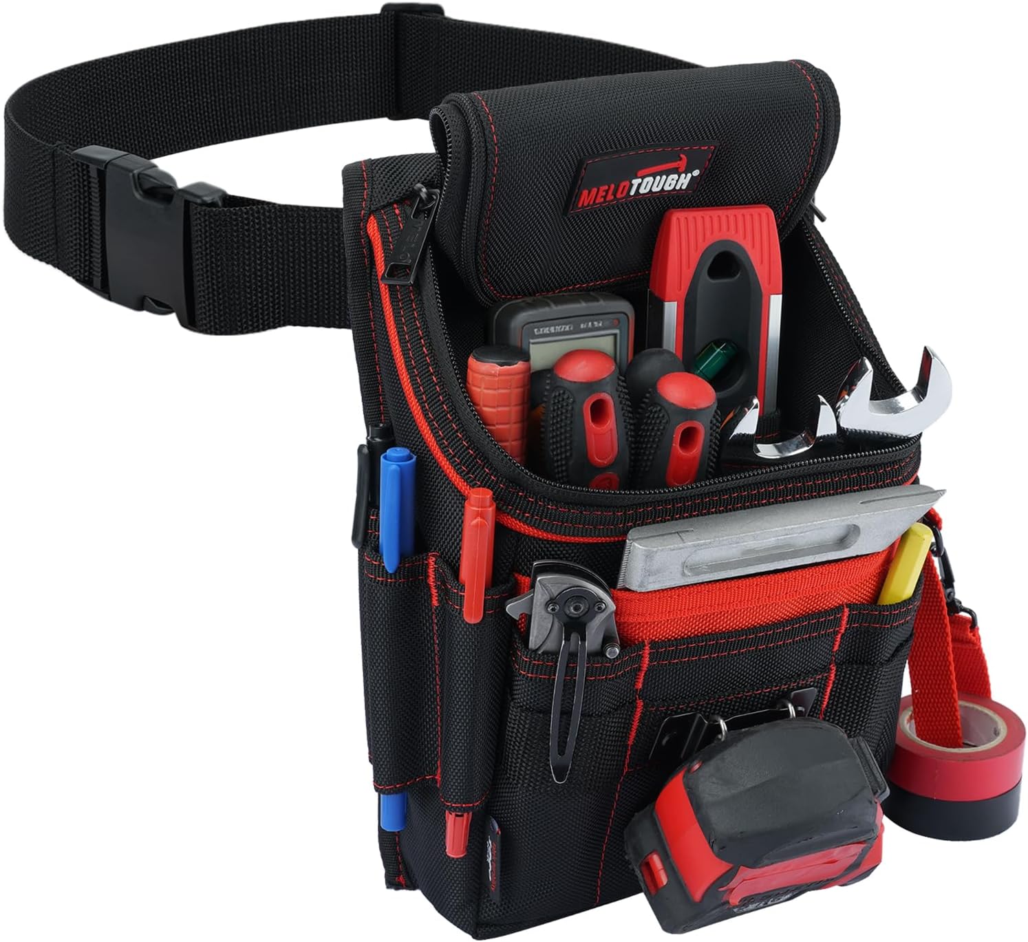 MELOTOUGH Medium Ziptop Tool Pouch with Belt Clip and 2" Quick Release Belt, 16-Pocket Heavy Duty Zippered Utility Pouch with Tape Measure Clip for Electricians, Carpenters, Plumbers, HVAC