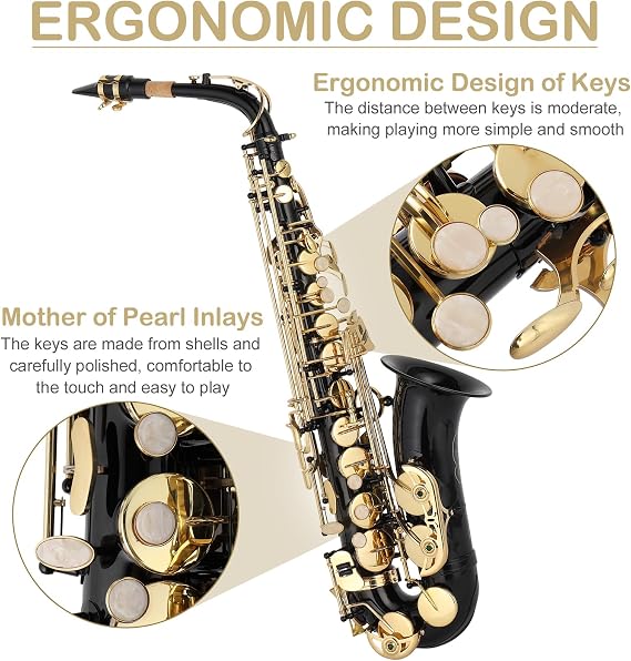 Ktaxon Alto Saxophone Drop E Brass Sax Full Kit for Student Beginner, Black | Carving Craftsmanship, Included Mouthpiece, Carrying Case, Gloves, Cleaning Cloth Bar, Shoulder Strap, and Reed