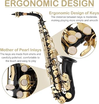 Ktaxon Alto Saxophone Drop E Brass Sax Full Kit for Student Beginner, Black | Carving Craftsmanship, Included Mouthpiece, Carrying Case, Gloves, Cleaning Cloth Bar, Shoulder Strap, and Reed