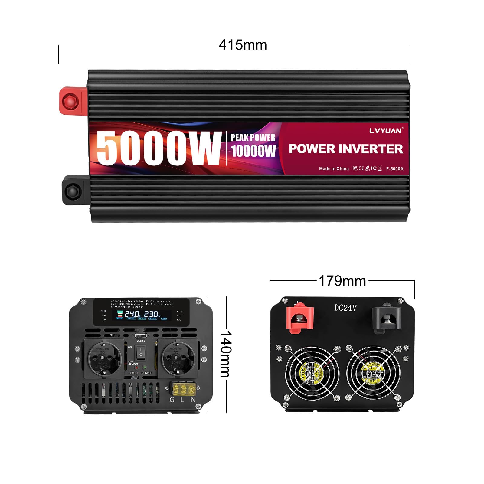 Yinleader Power Inverter 5000W/10000W onda sinusoidale modificata Convertitore DC 12V a 220V AC Convertitore di corrente con 2 prese AC, Telecomando, display LCD e porta USB per Auto, Camion e Camper