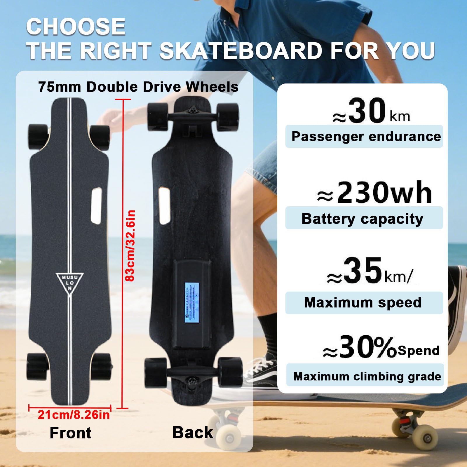 Skateboard Électrique/Longboard Électrique Avec Télécommande 4 Vitesses - Puissance De 700 W, Vitesse De 35 Km/H, Stabilité En Érable 7 Plis, Charge Maximale De 150 Kg (330 Lb) dualdrive30km