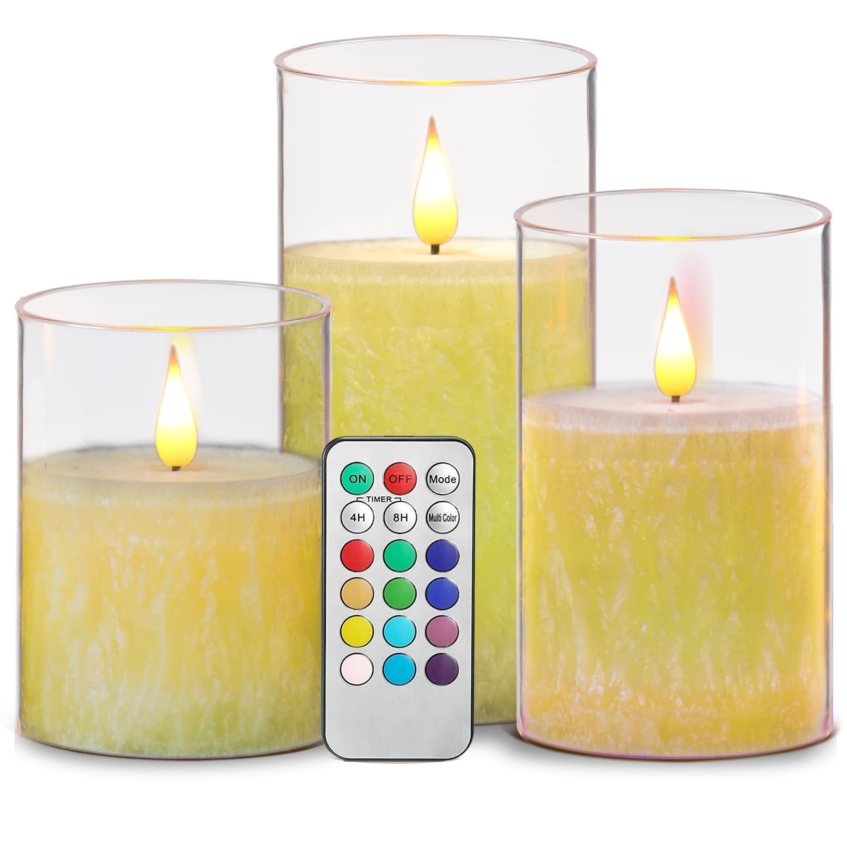 Da by Candela LED, 12 cambiacolori, candela a fiamma mobile a colonna LED alimentata a batteria con timer e telecomando, 3 candele in plexiglass