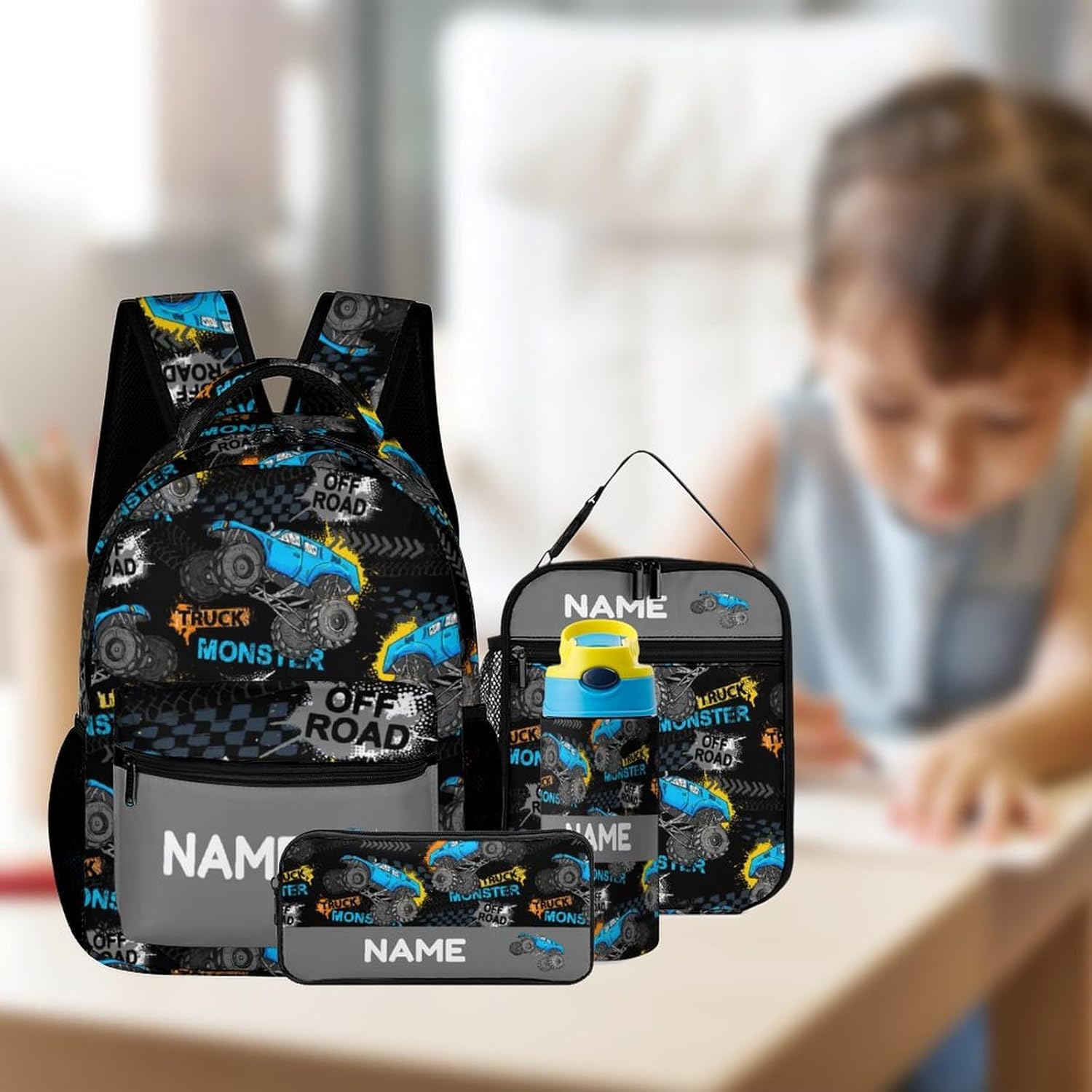 Custom 4Pcs Backpack Set with Lunch Bag Pencil Case Kids Water Bottle Add Your Name Personalized School Book Bags Customization Cartoon Truck Car Backpack for Girls Boys