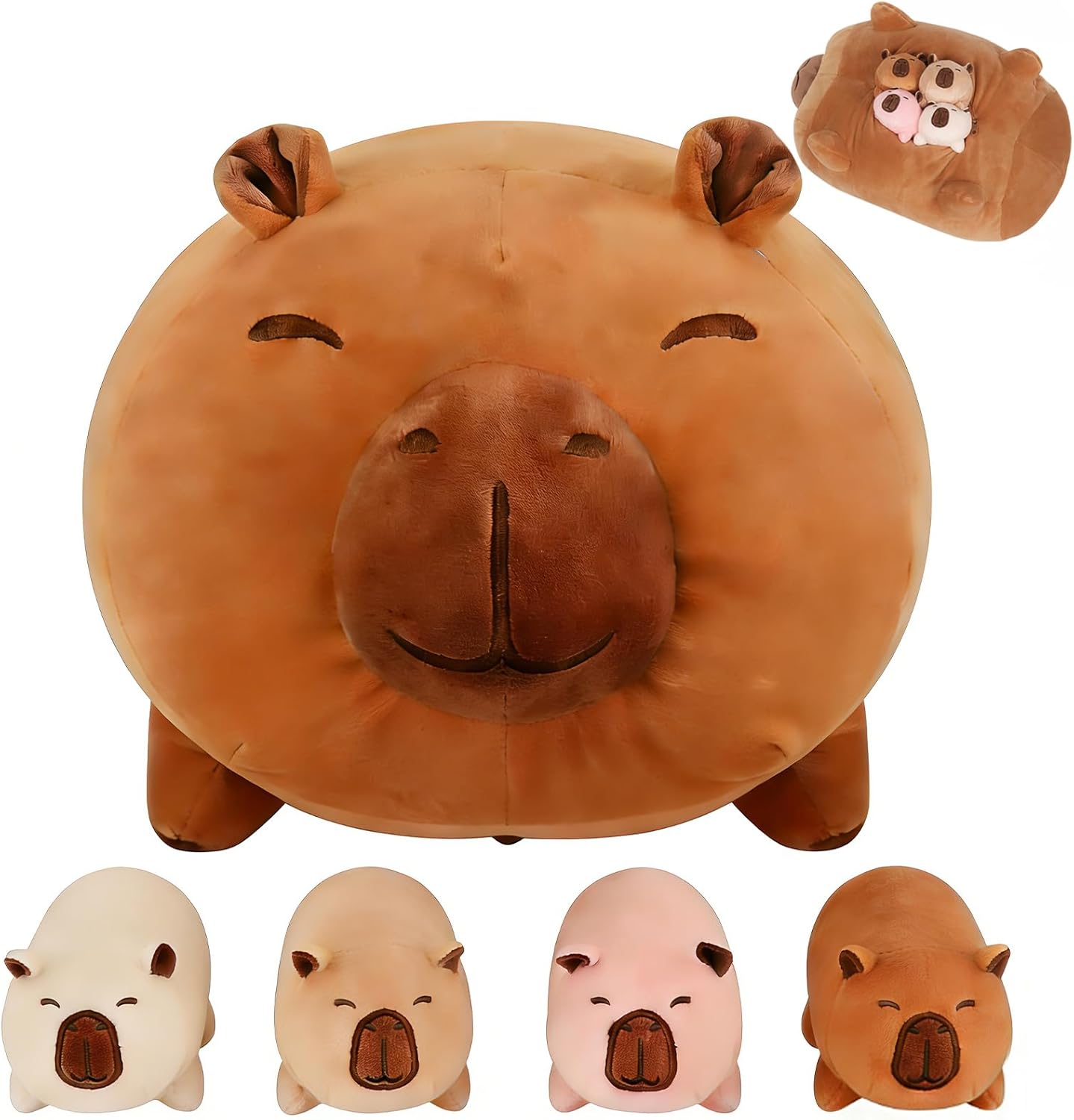 MMguai Capybara Plush Toy with 4 Baby Babies in Tummy, 16 inch Soft Stuffed Animal Plush Pillow, Cute Cuddly Gift for Kids Boys Girls, Birthday Home Decor