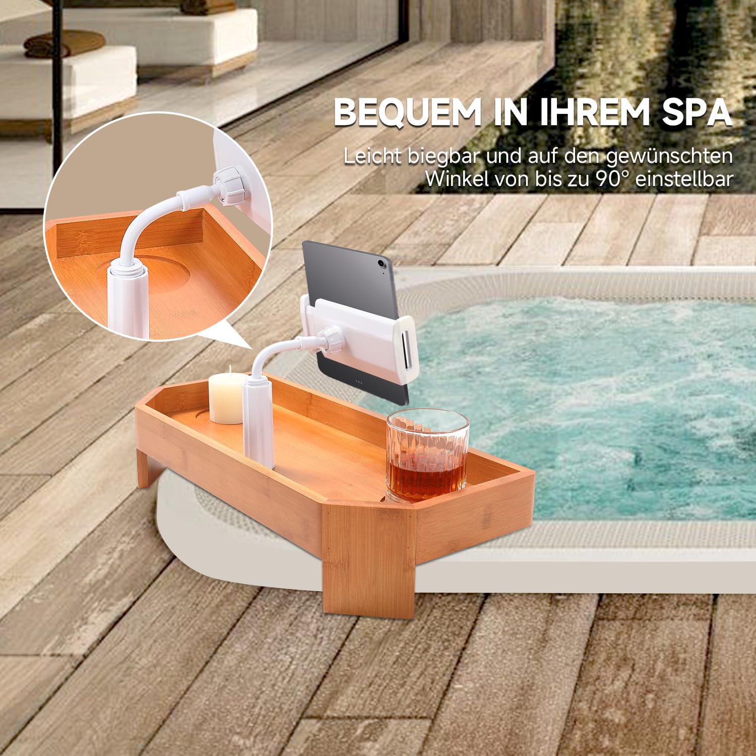 Eco Pooltech Spa Geschenkset Frauen, Badewannenablage aus Bambus Entspannung Geschenk für Frauen Männer rutschfeste Whirlpool Tisch mit Getränkehalter & Handyhalter Spa Set