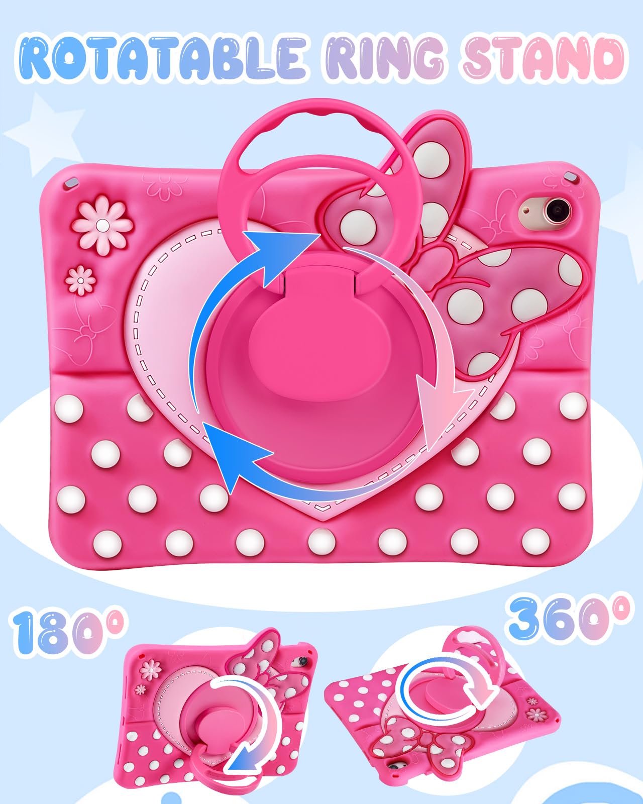 Custodia per bambini per iPad A16 di 11a generazione 2025/10a generazione 2022 da 11 pollici, custodia morbida in silicone con fiocco 3D a pois con cinturino e supporto girevole, per ragazze e