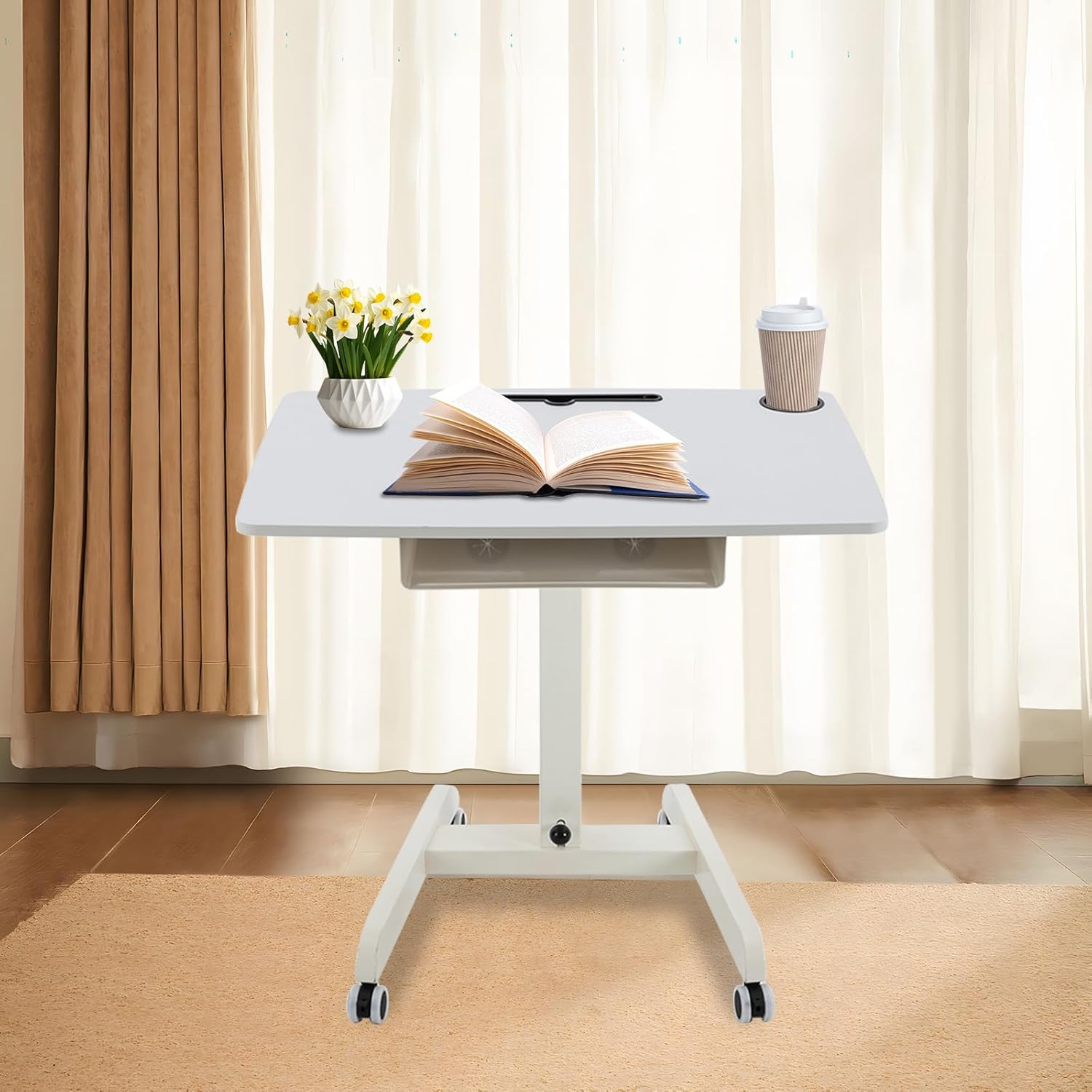 44.3" Height Adjustable Foot Pedal Rolling Desk with Shelf - Mobile Standing Desk - Home Office Stand Rolling TableComputer Projector Cart - Pneumatic Laptop Standing Desk Cart (White)