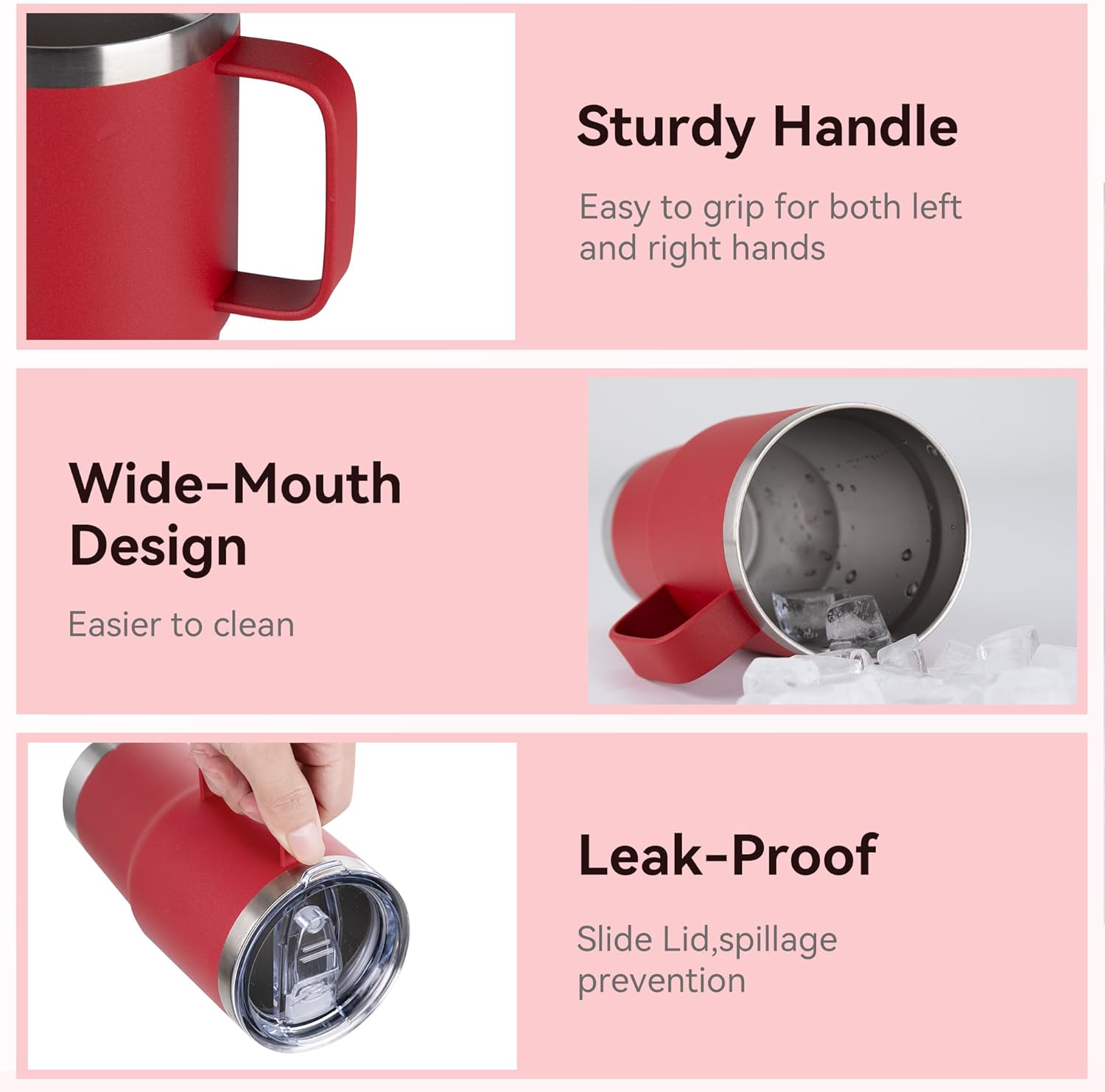 20oz Tumbler with Lid, Stainless Steel Tumbler with Handle, Metal Insulated Travel Coffee Mug with Handle, Double Wall Vacuum Spill Proof Tumbler Cup, Red 1 Pack - Image 4