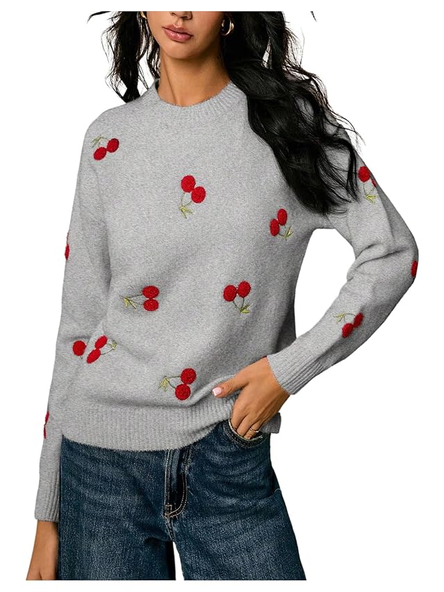 MAKEMECHIC Womens Cherry Embroidery Sweater Valentines Long Sleeve Knitted Winter Pullovers